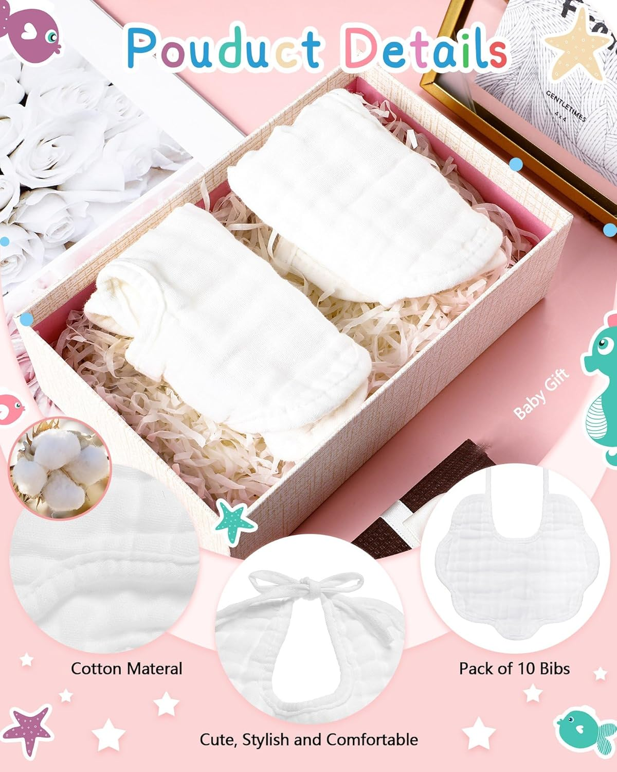 Yahenda 10 Pack Muslin Baby Bibs - White Bandana Drool Bibs, Absorbent Teething Cotton Cloths with Adjustable Straps for Unisex Newborn Infant Toddler, 0-2 Years Old image number 1