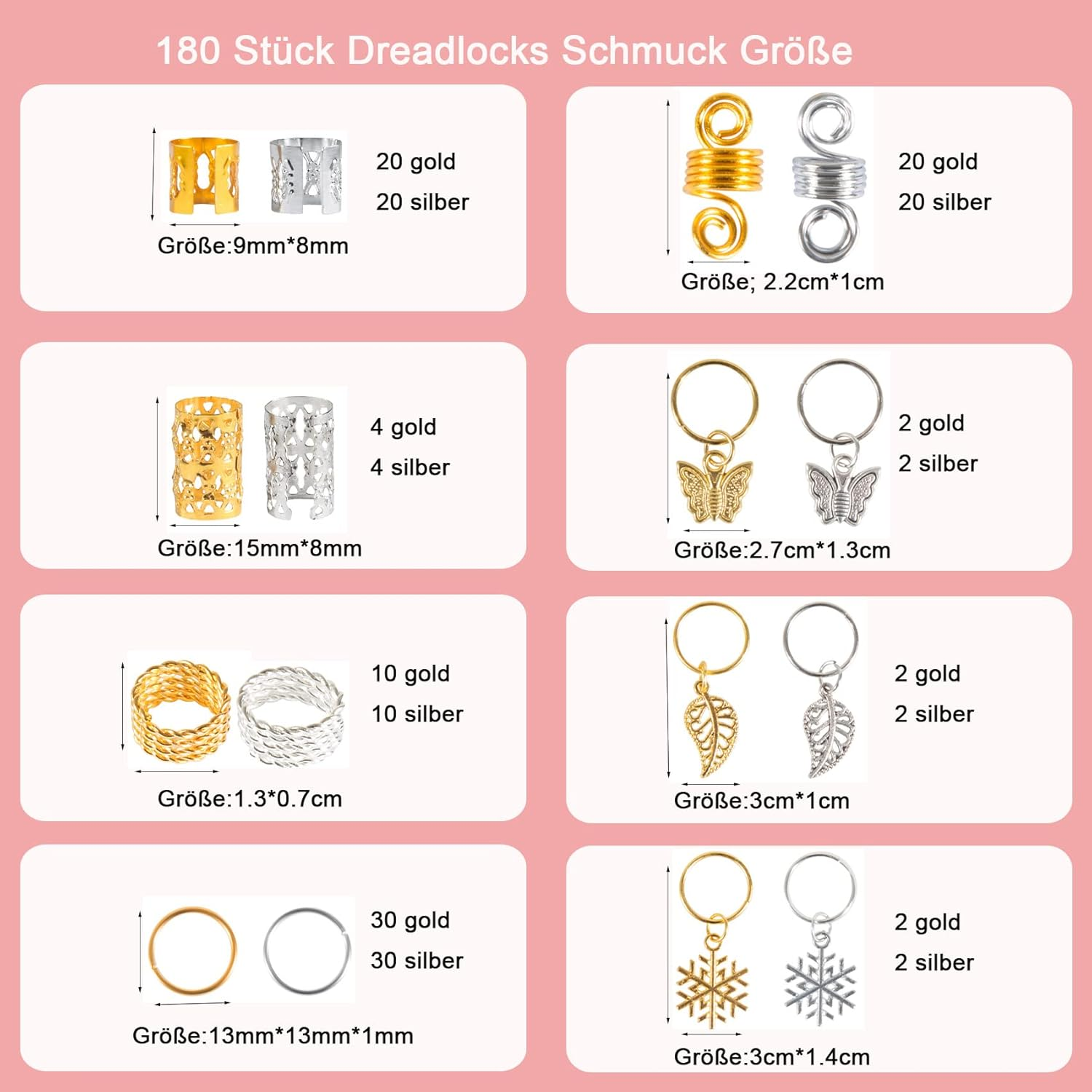 Pack of 180 Dreadlocks Jewellery Hair Rings for Braids Gold Silver Adjustable Metal Braids Jewellery Hair Beads Viking Hair Accessories with Storage Box for Braids Decoration and Hair Extensions image number 1