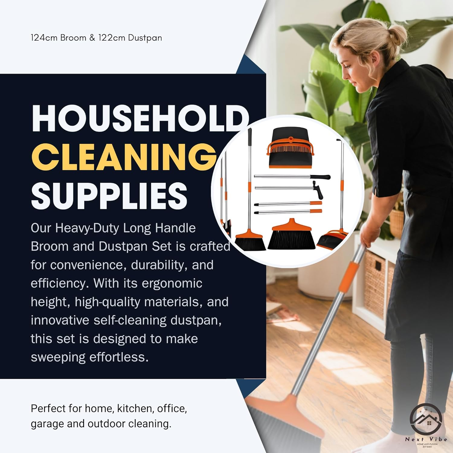 Heavy-Duty Long Handle Broom and Dustpan Set &ndash; 124Cm Broom & 122Cm Dustpan &ndash; Upright Standing Sweeping Combo for Home, Kitchen, Office & Outdoor Cleaning &ndash; Black & Orange image number 4