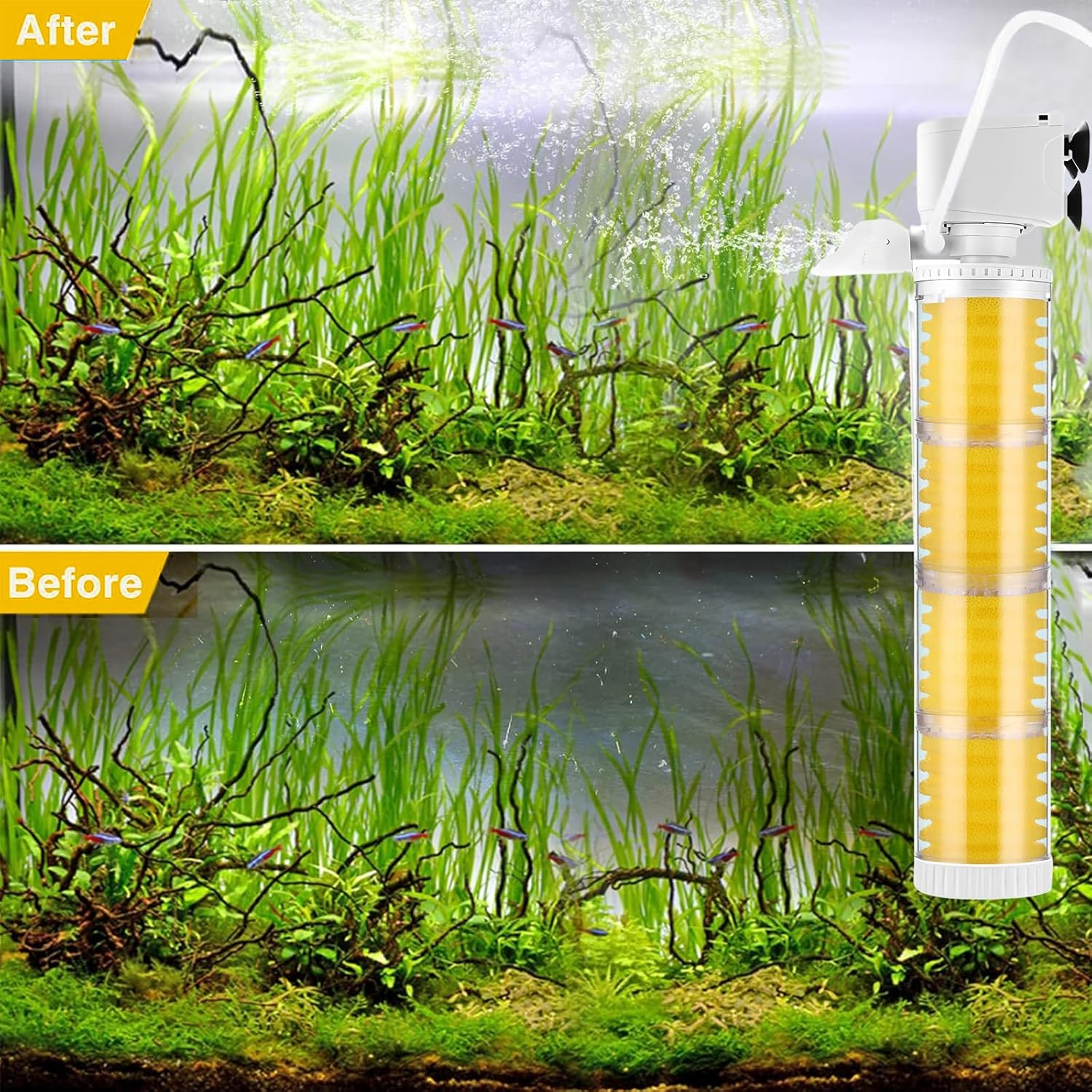 35W Submersible Aquarium Filter for 30-800 L, 3-In-1 Biochemical Sponge Filter for Aquarium Filtration/Oxygenation/Circulation, up to 2500L/H Adjustable Internal Fish Tank Filter (Yellow) image number 5