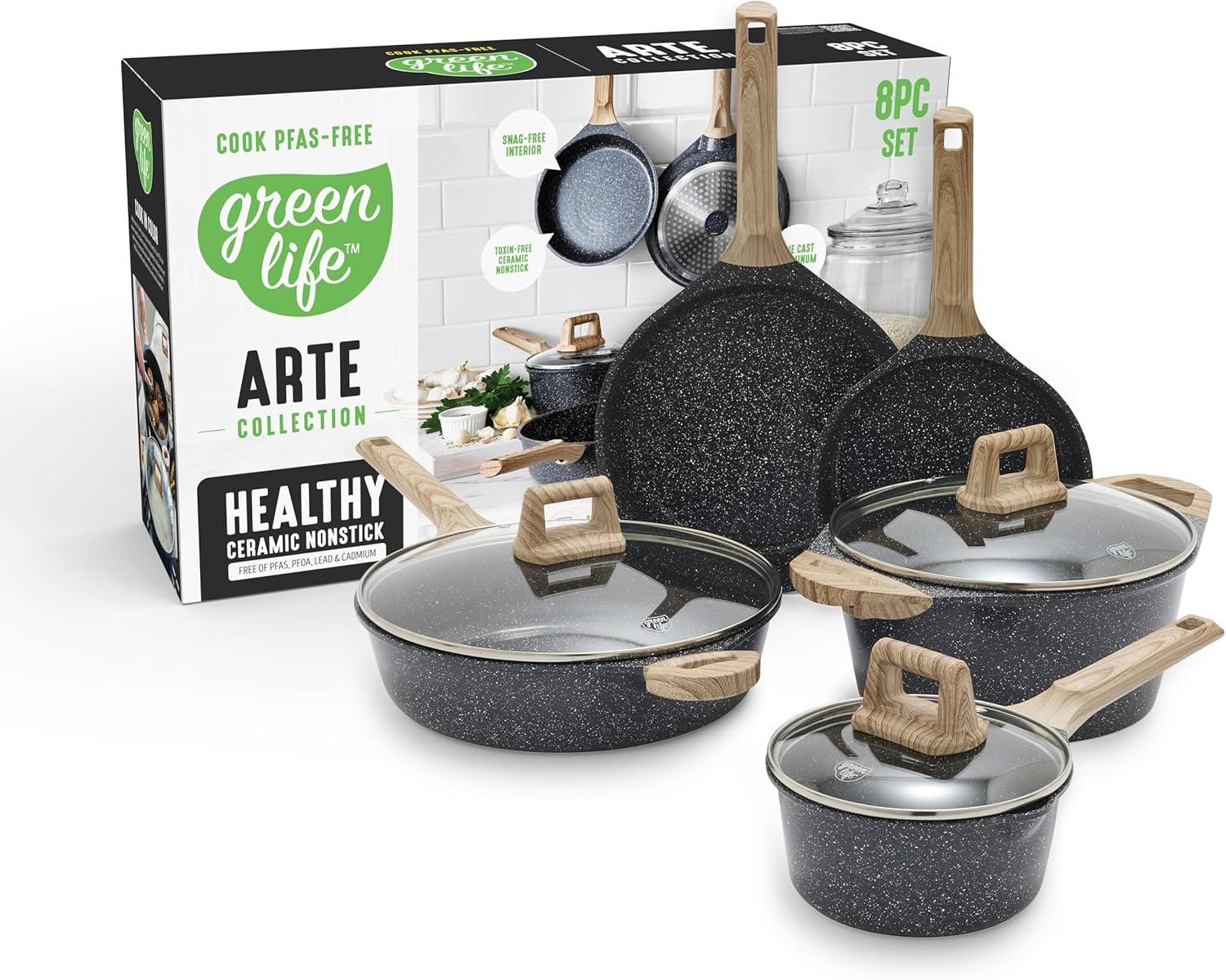 Greenlife 8 Piece Ceramic Nonstick Cookware Set, Induction Suitable Non Toxic Pfas-Free Pots & Pans, Dishwasher Safe, Cooking Set, Stock Pot, Saucepans & Frying Pans, Kitchen Cooking, Granite Black