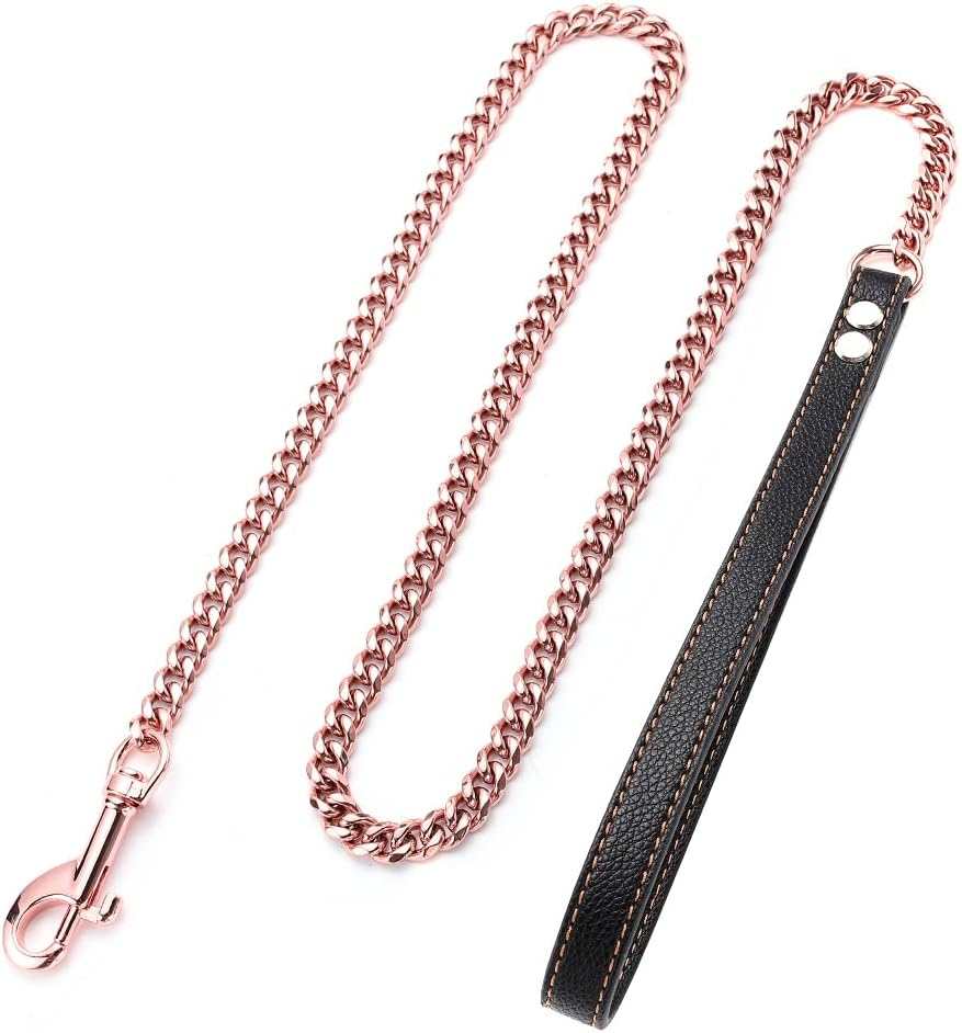 RUMYPET Rose Gold Dog Leash 11Mm/15Mm Metal Cuban Link Dog Chain Leash Chew Proof Comfortale Leather Handle for Walking Trainning 3Ft/4Ft/5Ft(11Mm,4Ft) image number 3