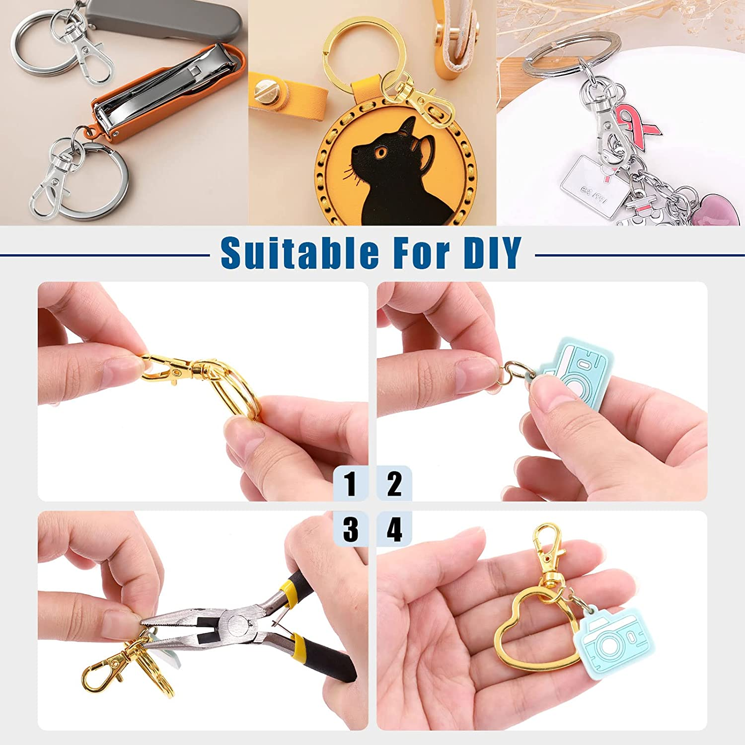 Glarks 60Pcs Flat Key Chain Ring Kit, 4 Colors Creative Heart Shape and round Shape Keychain Split Key Rings with Swivel Clasps Lanyard Snap Hook for Car Home Keys Organization, Arts Crafts, Lanyards image number 6