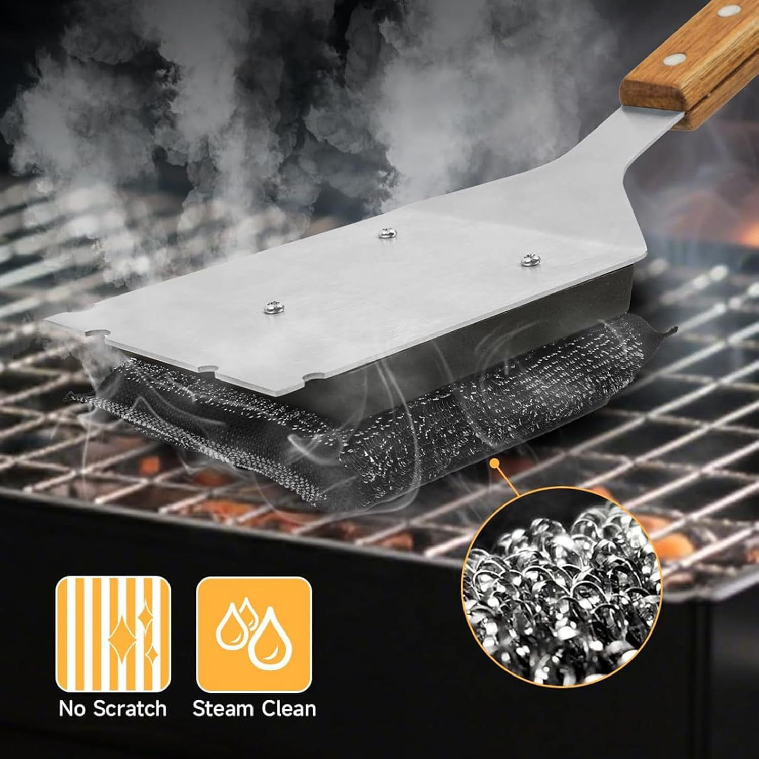 Grill Brush BBQ Cleaner Brush - Barbecue Brush for Outdoor Grill with 2 PCS Replacement Cleaning Head, Grill Cleaning Brush Bristle Free with Stainless Steel Scraper & Wooden Handle for Most Grate image number 1
