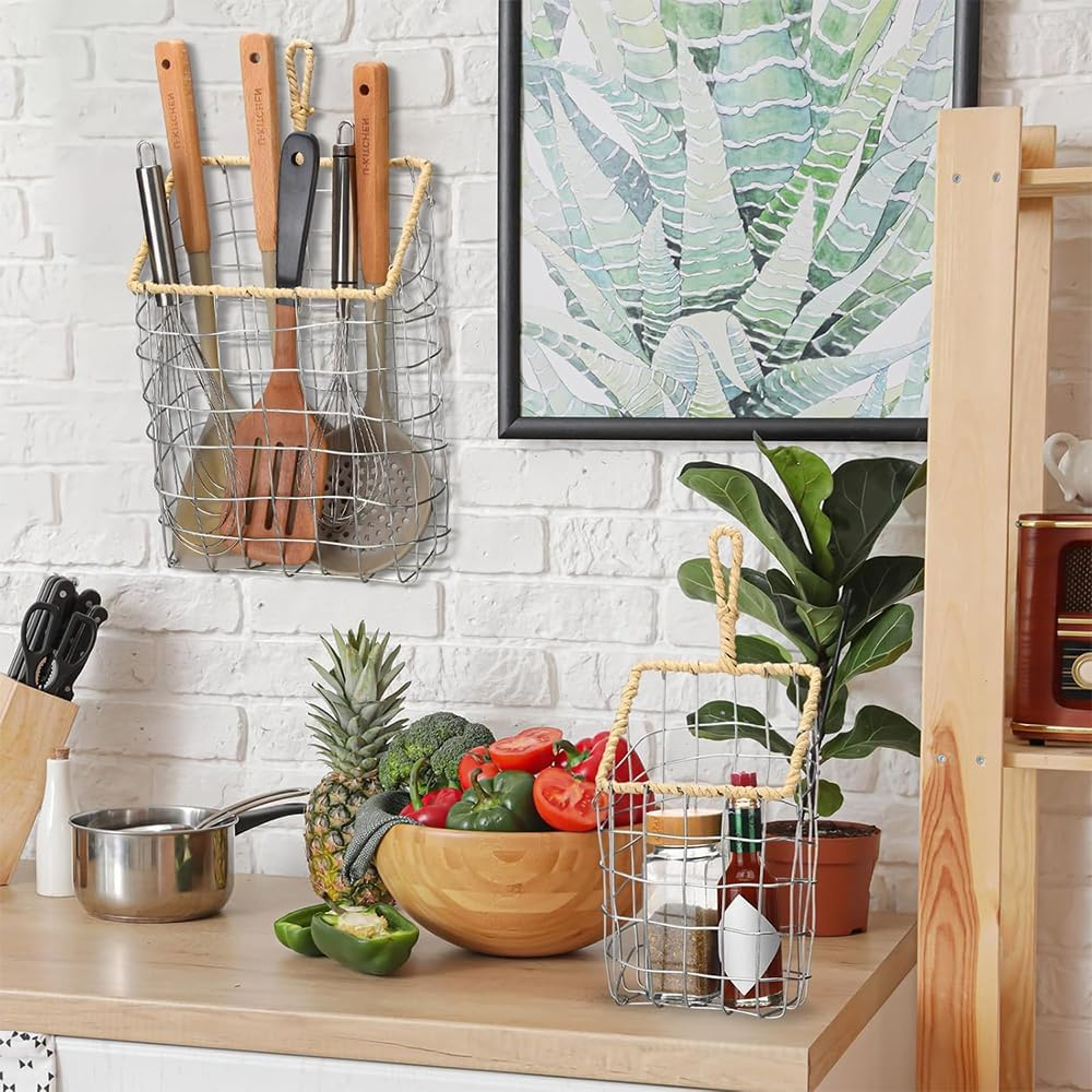 2 Pcs Hanging Wall Storage Baskets &ndash; Rustic Handwoven Wire Organizer for Kitchen, Bathroom, Pantry, Mail, Files image number 6