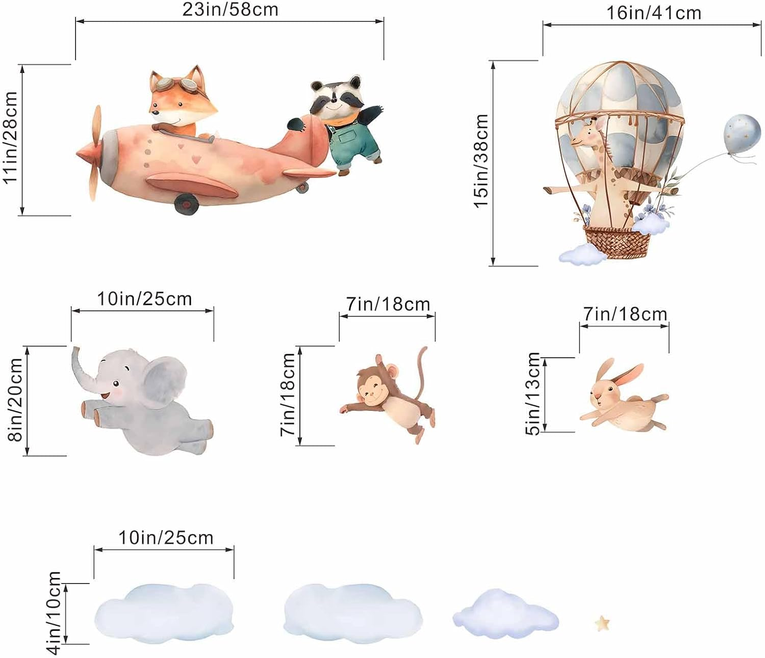 Animals Airplane Wall Stickers for Nursery: Baby Kids Bedroom Wall Decals - Aircrafts Hot Air Balloon Elephant Fox Giraffe Monkey image number 4