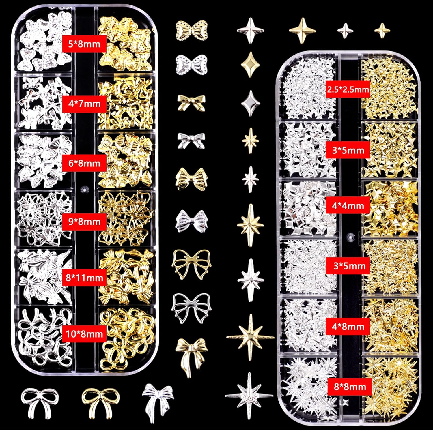 Limcryspp 2-Pack 3D Nail Accessory Set - Gold and Silver Bow, Star Rivet Metal Nail Decoration, Suitable for Nail Plates, Fashionable Nail Design Accessories image number 3
