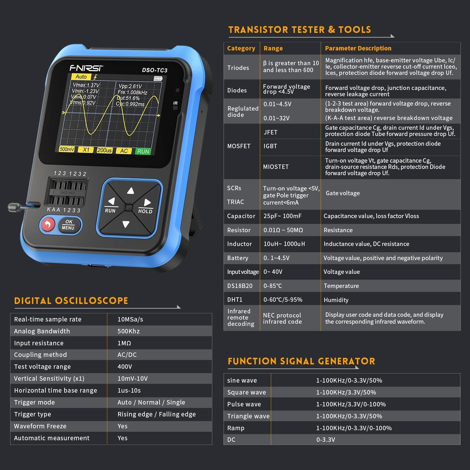 DSO-TC3 Oscilloscope 3-In-1 Handheld Oscilloscope DDS Signal Generator Transistor Tester Portable Oscilloscope 500Khz Bandwidth 10Msa/S Sampling Rate, 6 Types of Waveforms, Transistors Measure image number 6