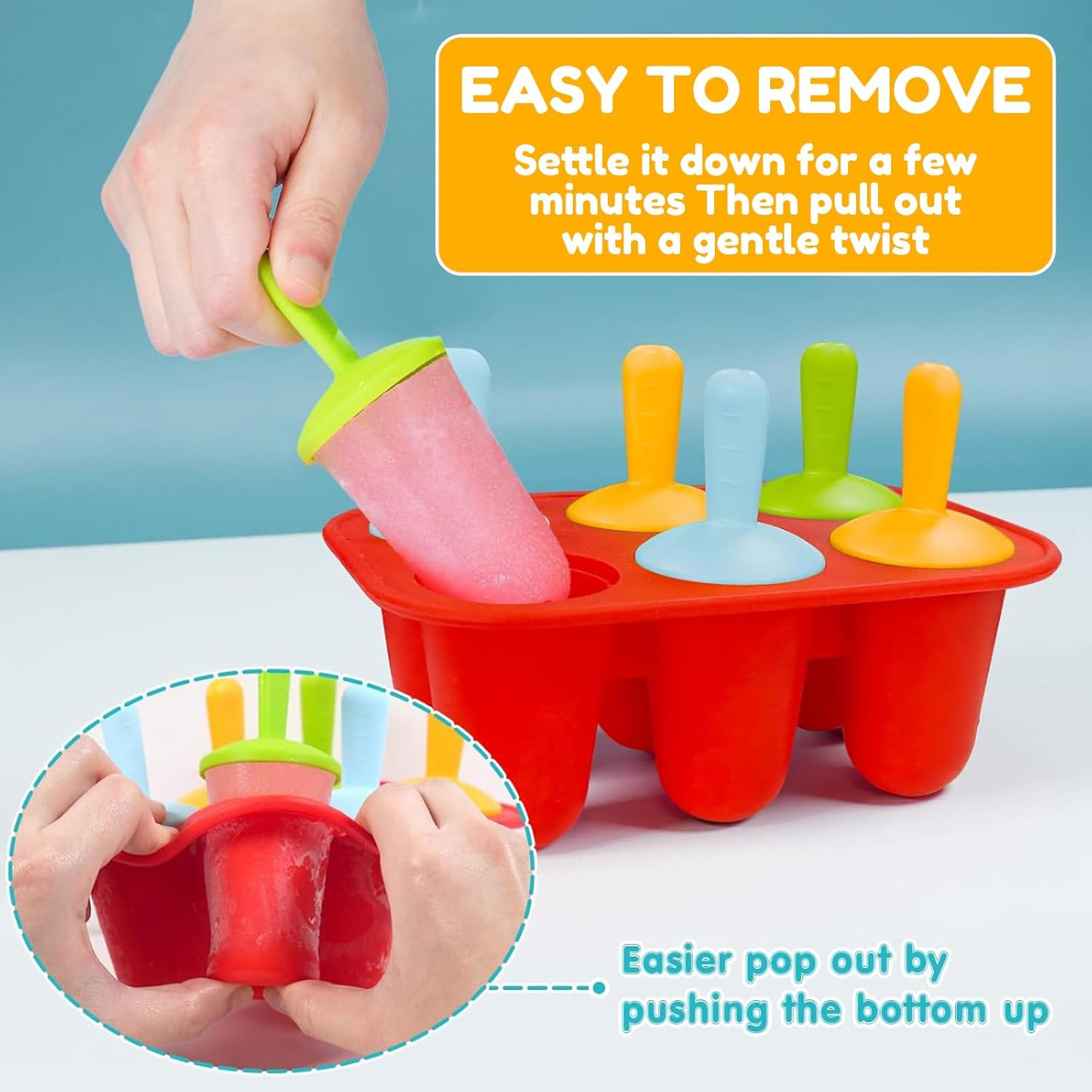 6-Cavity Silicone Popsicle Molds with Reusable Sticks &ndash; Drip-Free Ice Pop Maker for Kids & Toddlers, Red image number 3