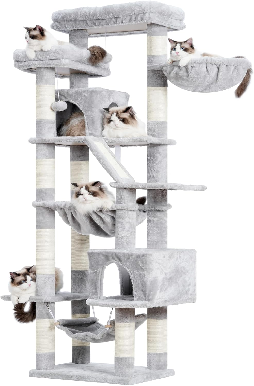 Heybly Cat Tree，71-Inch Tall Tower for Indoor Cats with 2 Perches, 2 Big Condos, 2 Hammocks, Basket, Scratching Pad，Large Cat Furniture and Condo, Light Gray HCT034W
