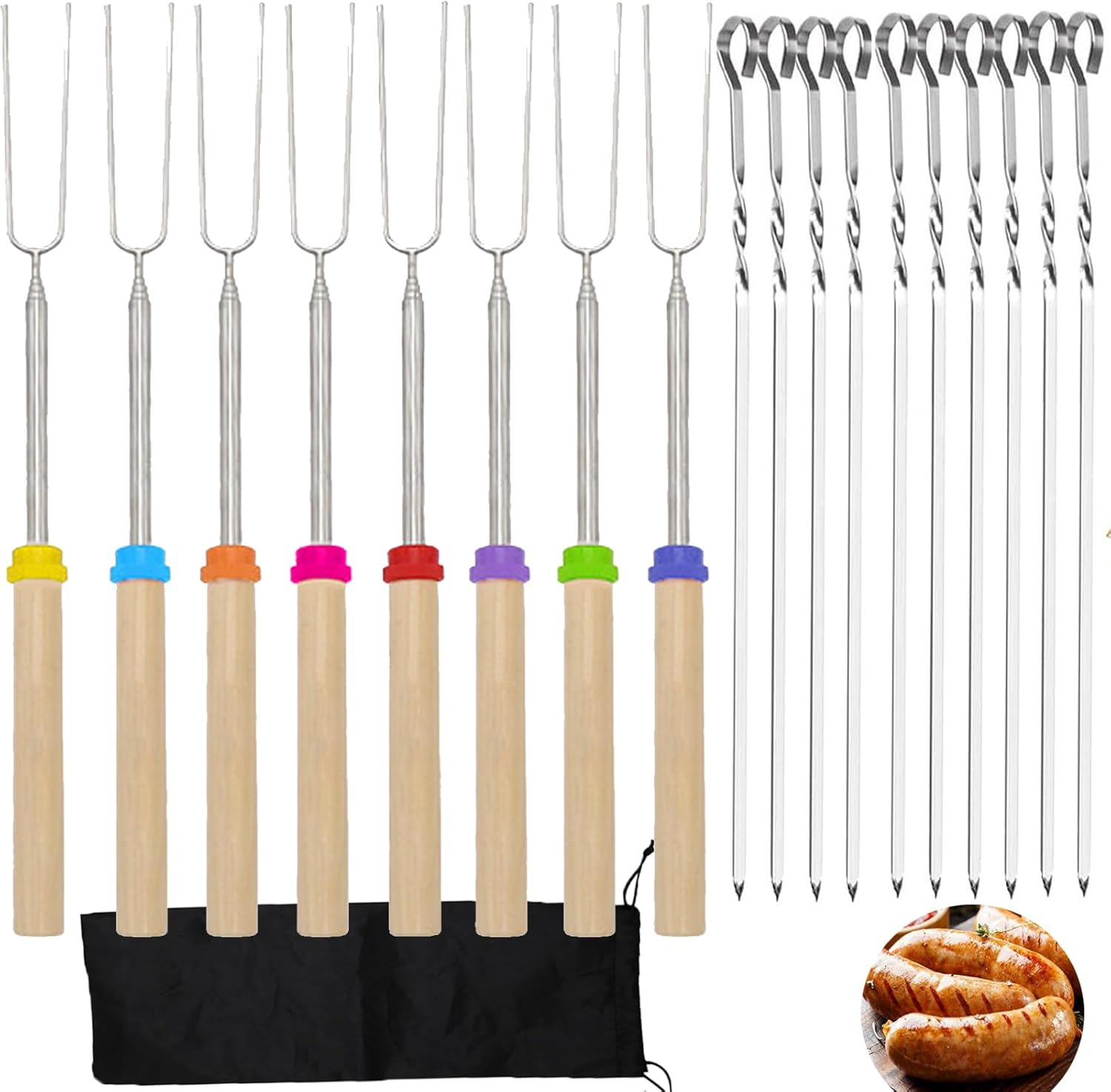 Marshmallow Roasting Sticks,8Pcs Extendable 32Inch Long Metal Barbecue Forks with 10 Kebab BBQ Skewers,Hot Dog Camping BBQ Stick Accessories,Smores Sticks for Fire Pit,Camping,Bonfire and Grill image number 5