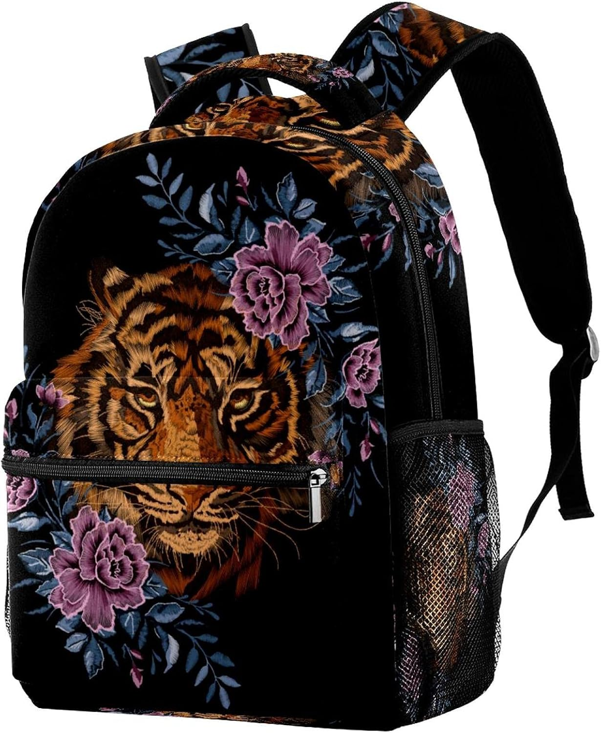 Floral Pattern with Tiger Head Ethnic Flowers Backpack Students Shoulder Bags Travel Bag College School Tote Backpacks image number 3