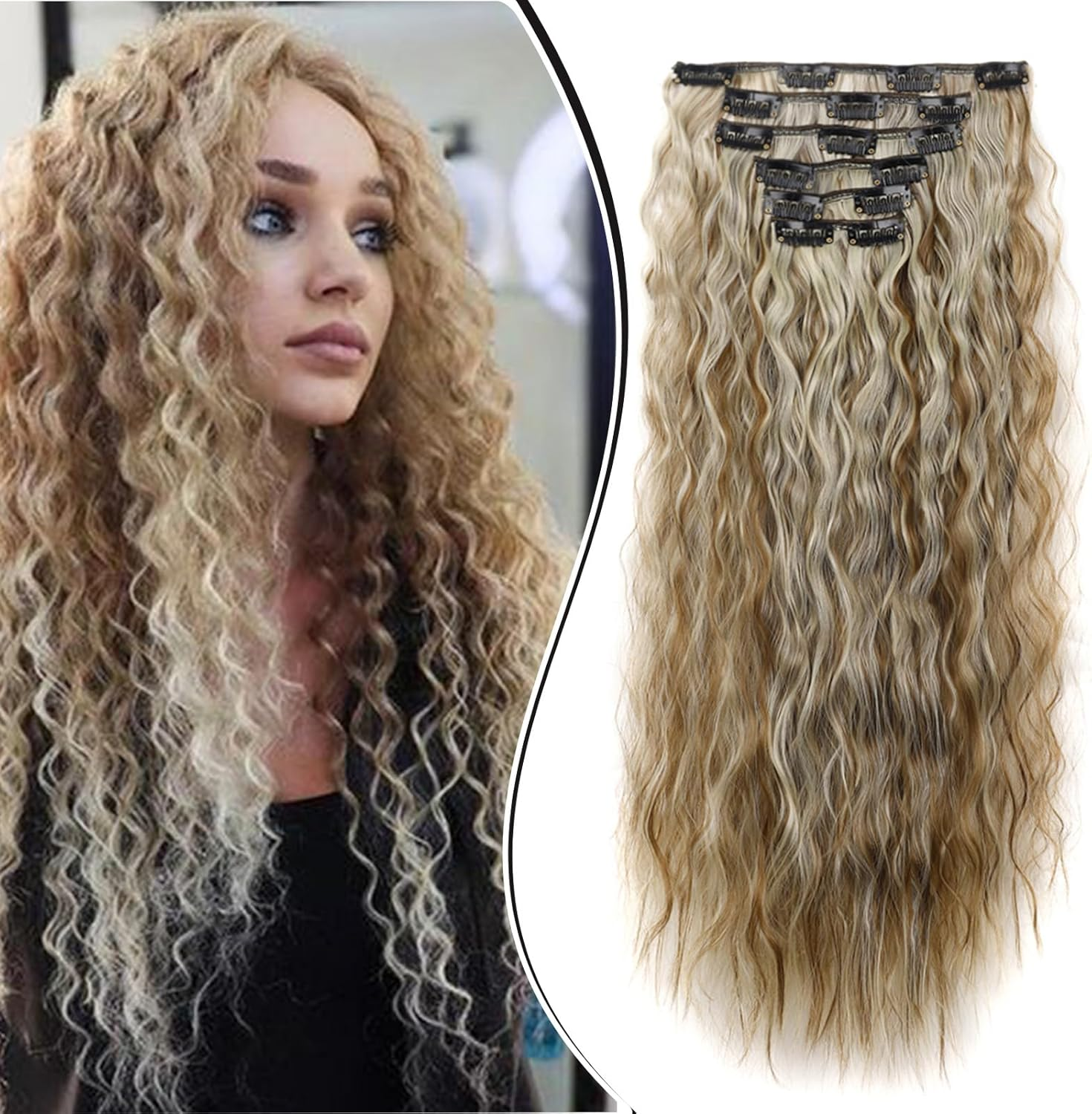 Dcbaboo Hair Extensions Clip in 6PCS 20Inch Curly Wavy Clip in Hair Extension Long Wave Synthetic Fiber Fake Hair Pieces for Women Clip in Extensions Full Head Natural Hairpiece, Light Brown/Blonde