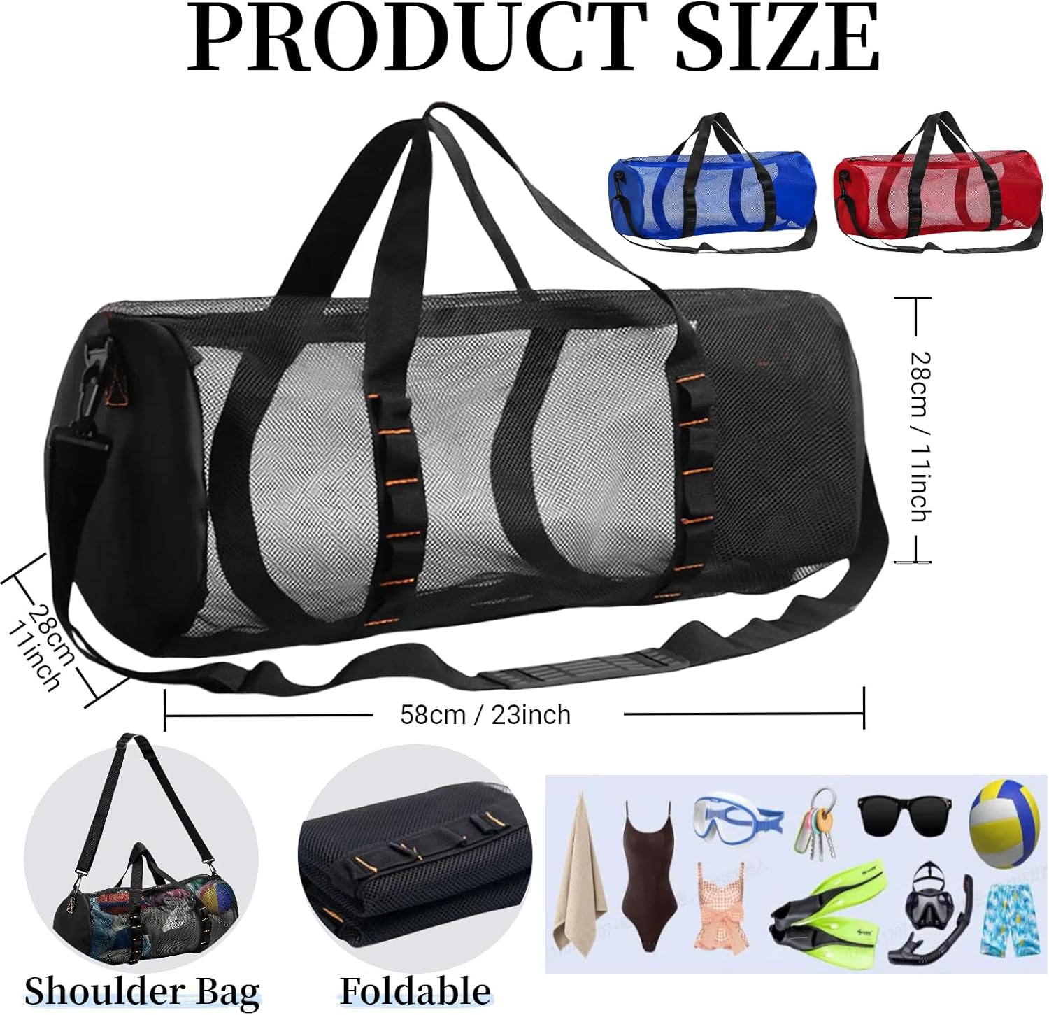 Scuba Mesh Travel Duffels Dive Duffle Snorkel Gear Bag for Beach Swimming Surfing Snorkeling Gym 58X 28 X 28Cm - Black image number 1