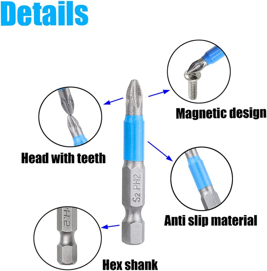 Yakamoz 12Pcs Magnetic anti Slip Phillips Screwdriver Bit Set, 1/4 Hex Shank, PZ1, PZ2, PZ3, PH1, PH2, PH3, 50Mm image number 2