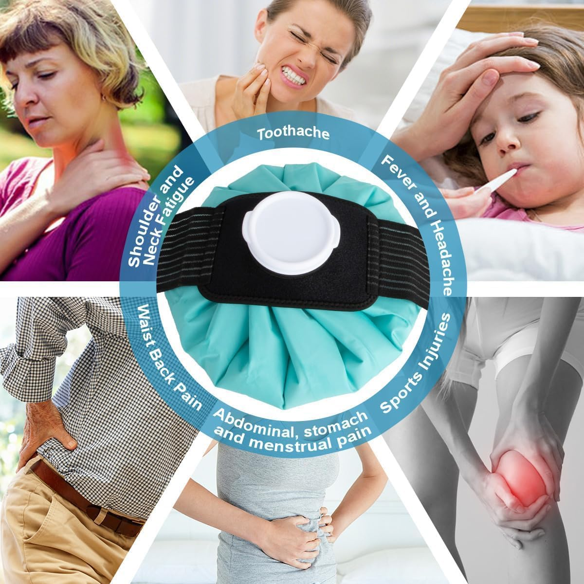 TPU Ice Pack for Injuries Reusable, 3 Sizes (6"/9"/11") with Adjustable Strap, Hot & Cold Therapy Gel Pack for Knee, Shoulder, Wisdom Teeth Pain Relief, No-Leak Design, Turquoise
