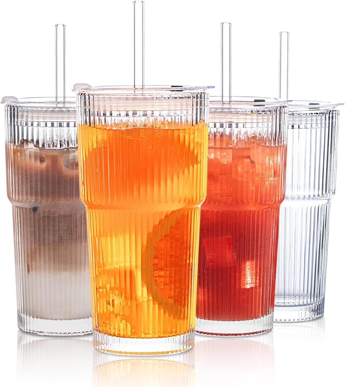 Sooyee 20 Oz Ribbed Glass Tumblers with Lids and Glass Straws &ndash; 4-Piece Glassware Set, Thickened Glass, Ideal for Iced Coffee, Smoothies, Cocktails, and Juices &ndash; Elegant and Durable Drinkware image number 2