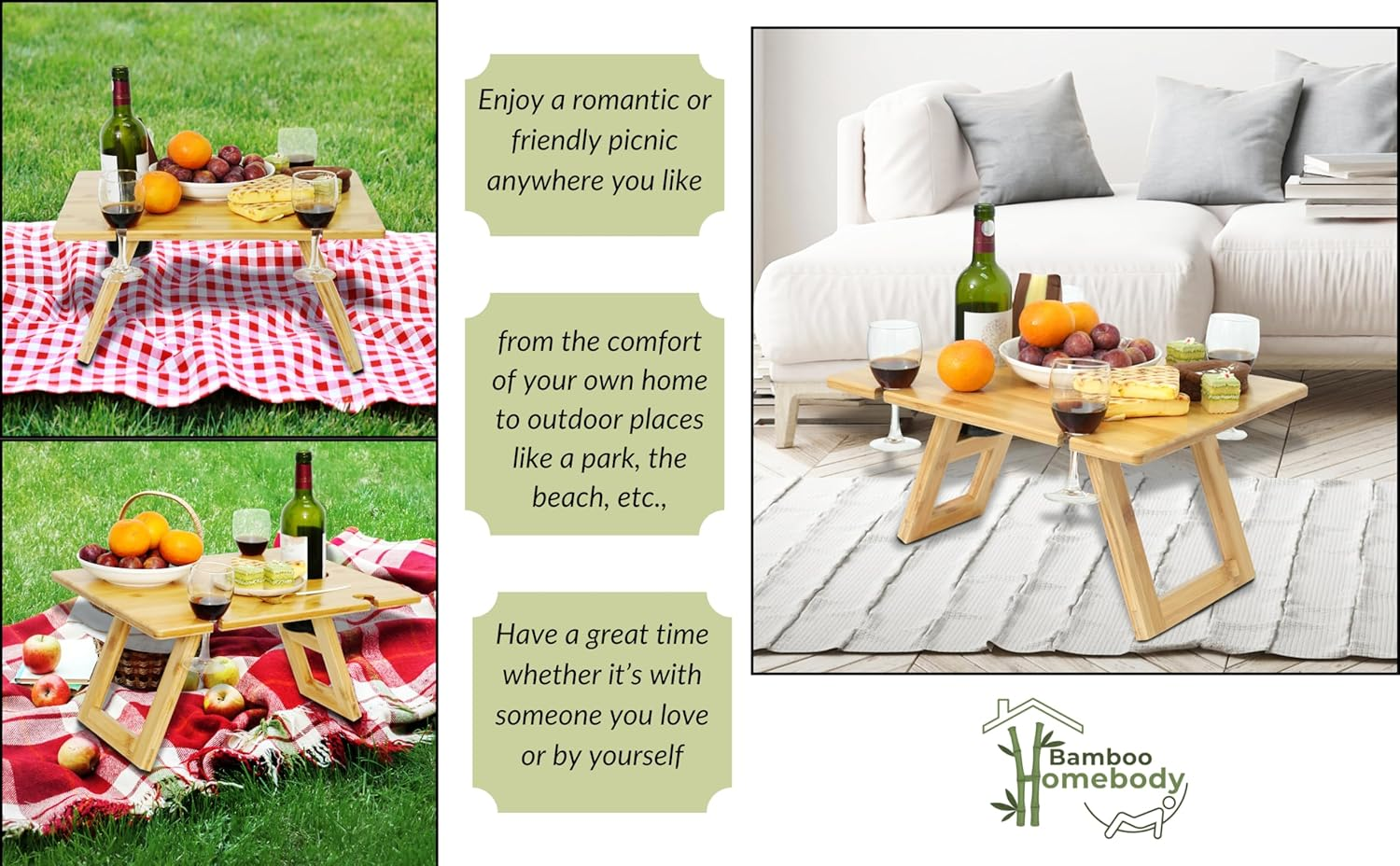 Portable Picnic Table, Foldable Table with Wine Bottle and Wine Glass Holders, Bamboo Tray Table for Camping, Beach, Park Picnic, Indoor/Outdoor Dining Table image number 5