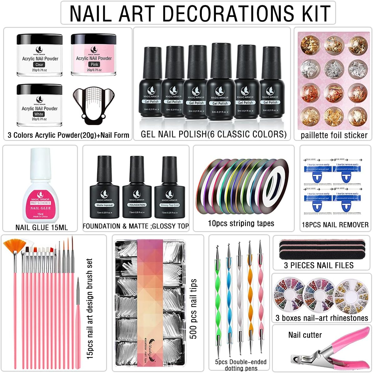 MAGIC ARMOR Acrylic Nail Kit Gel Nail Polish with 3 Colors Acrylic Powder with Fake Nails and Nail Glue Nail Art Brushes Manicure Tools Nail Rhinestones, for Salon and Beginner Nail Art Extension image number 1