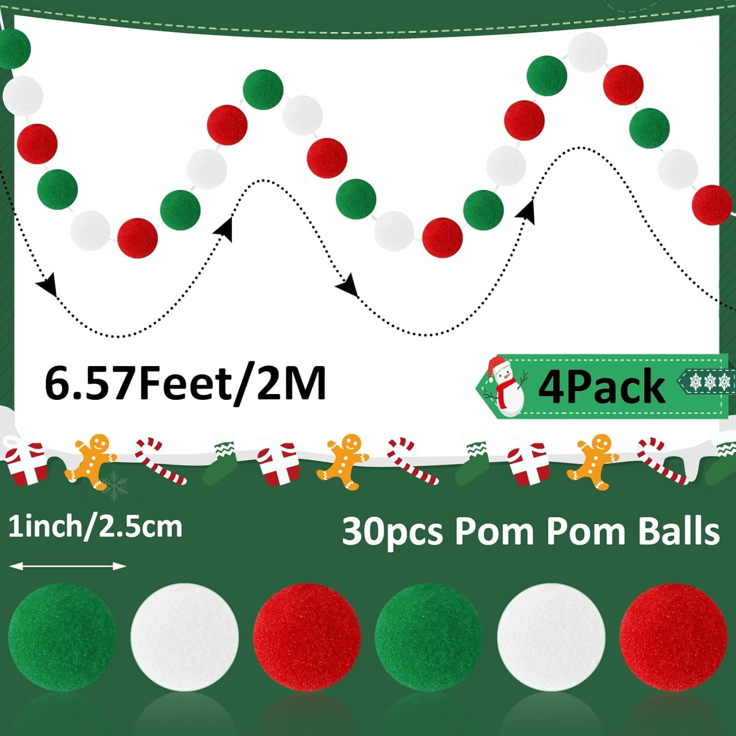MARFOREVER 4 Pack 26.3 Feet Christmas Pom Pom Garland Ornaments Red White Green 30 Balls Garlands Christmas Felt Garland Hanging Supplies for Xmas School Classroom Fireplace Wall Home Party Decor image number 1