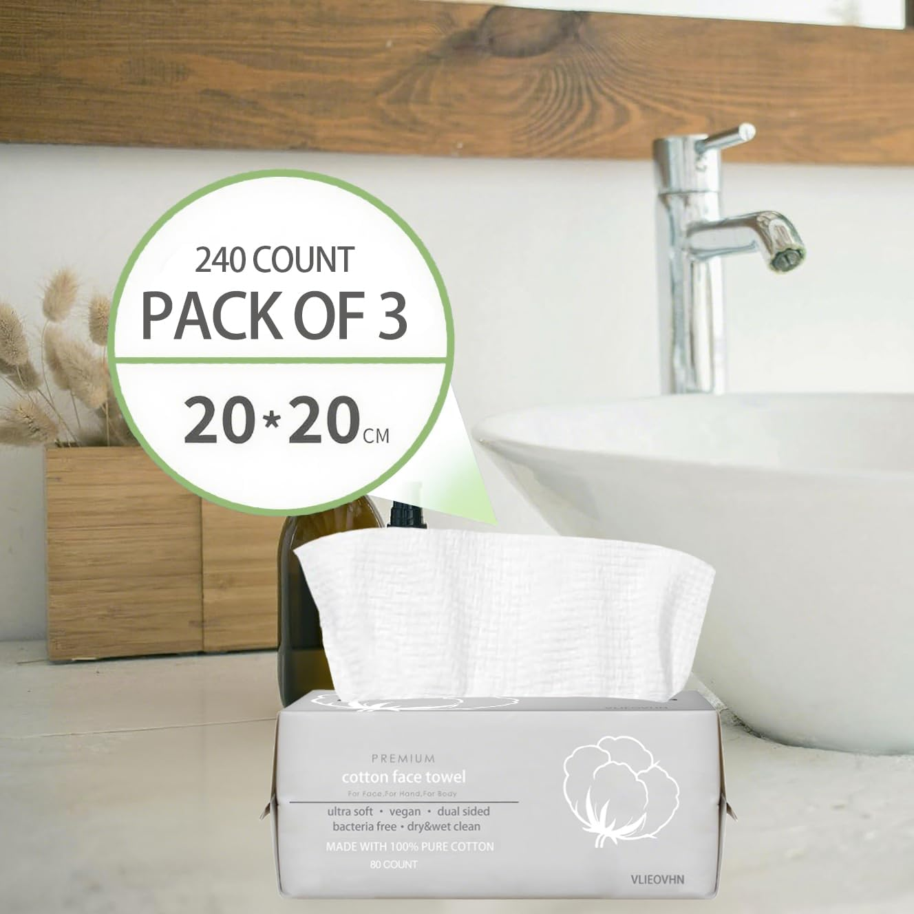 VLIEOVHN Disposable Face Towels 3 Pack 240 Counts,Premium Cotton Facial Tissue,Clean Skin Towel,Ultra Thick & Soft, Dual-Sided Textured & Smooth Facial Towel, Makeup Removal, Baby Wipes, Dry & Wet Clean image number 6