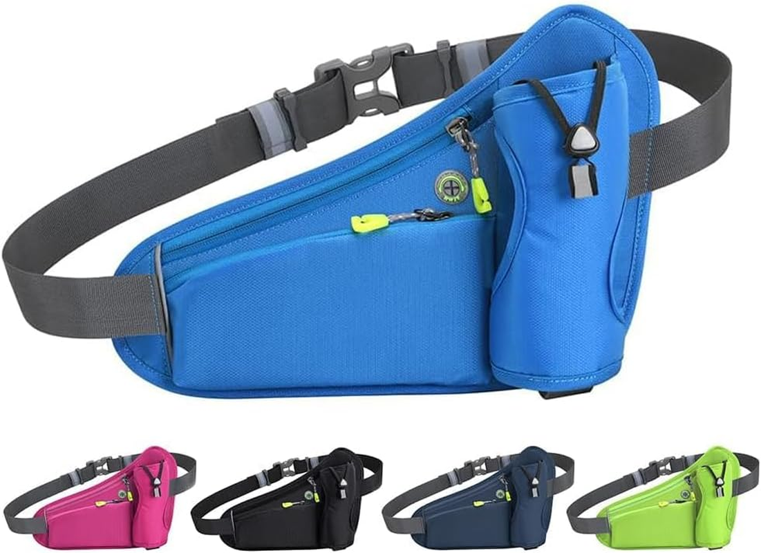 Lightweight Running Belt with Water Bottle Holder, Water Resistant Running Belts with Reflective Strips and Headphone Hole, Runner Belt & Workout Fanny Pack for Men, Woman, Kids (Blue)