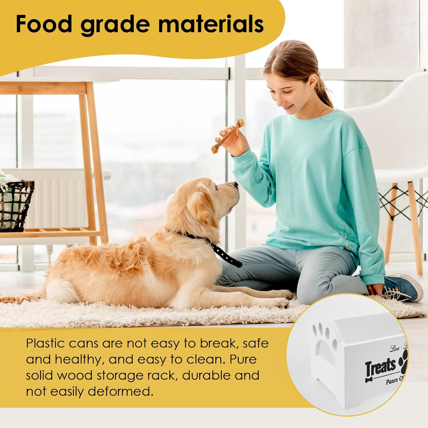 Dog Treat Container,Dog Food Storage Wood with 2 Plastic Jars,Dog Cookie Jar for Dog Food Storage for Pet Owners and Lovers (White) - Black image number 2