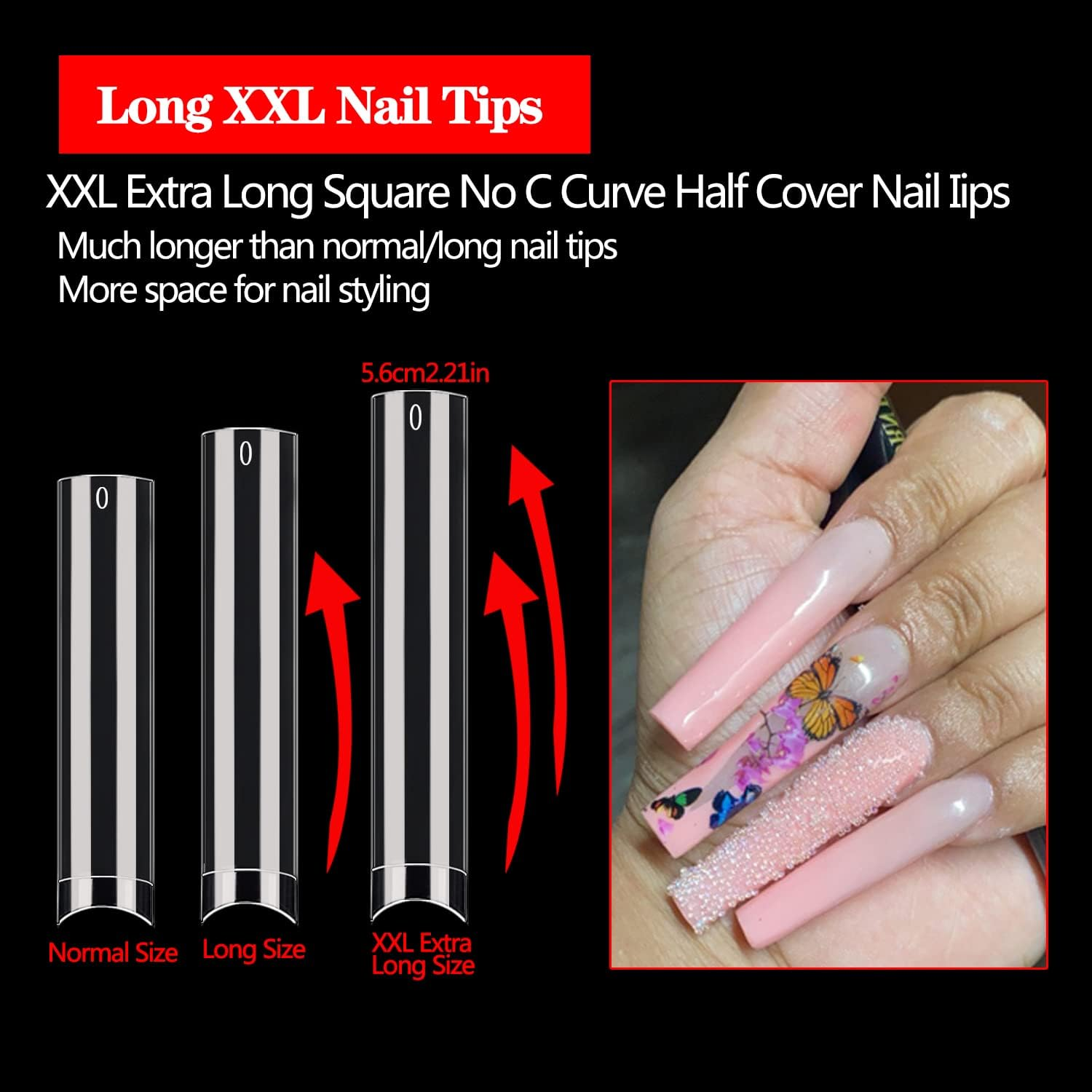 600PCS No C Curve Nail Tips for Acrylic Nails Professional, XXXL Clear Nail Tips Straight Square Flat Tips, Extra Long Acrylic Nails Tips Half Cover Fake Nails for Salon and Home DIY 12 Sizes