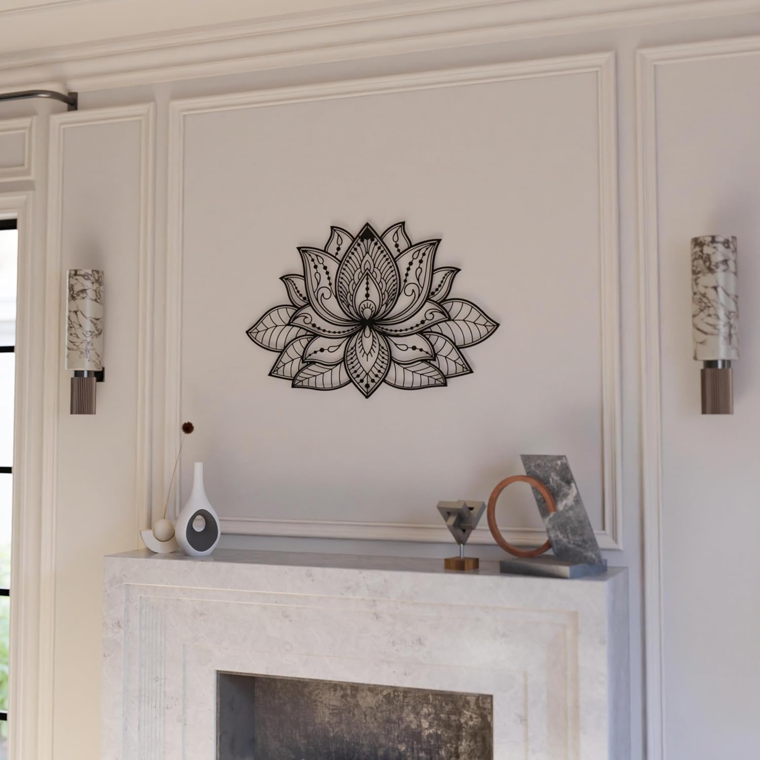 Iwa Concept Mandala Metal Wall Decor, Lotus Flower Meditation Room Decor, Minimalist Zen Garden Bohemian New Year (26.3" X 17" | 67 X 43 Cm, Silver)