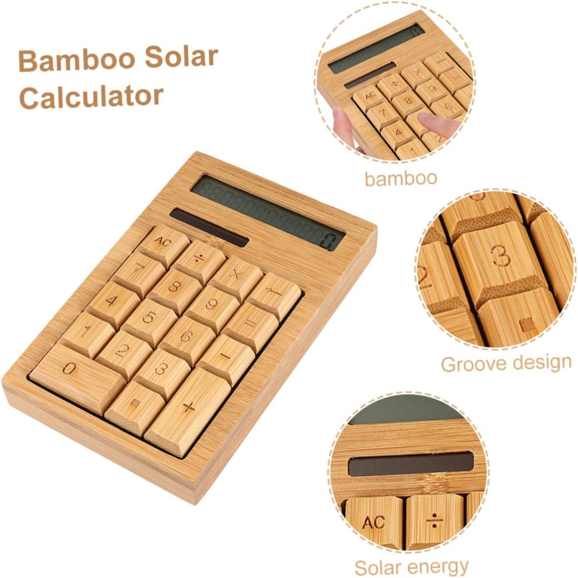 PLAFOPE Portable Bamboo Solar Calculator 18-Key Compact Electronic Calculator Right Angle Keys for Office, School, and Home Use image number 2