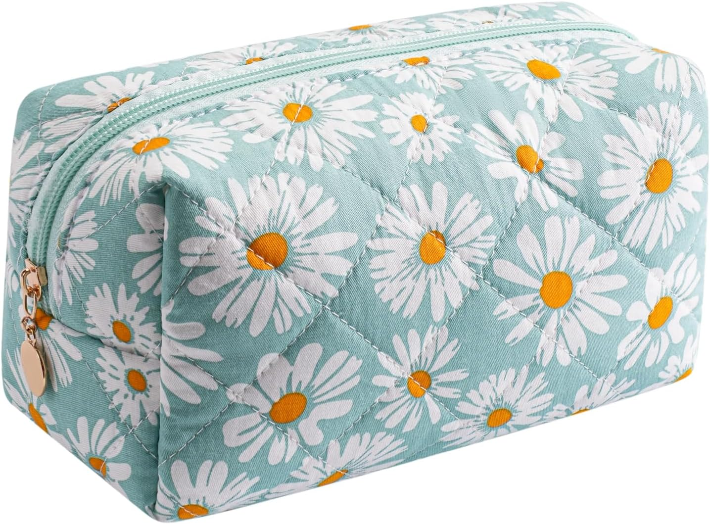 Cute Daisy Makeup Bag Small Cotton Quilted Floral Cosmetic Bag Travel Make up Pouch Toiletry Organizer Gift for Women Girls, Jade Green