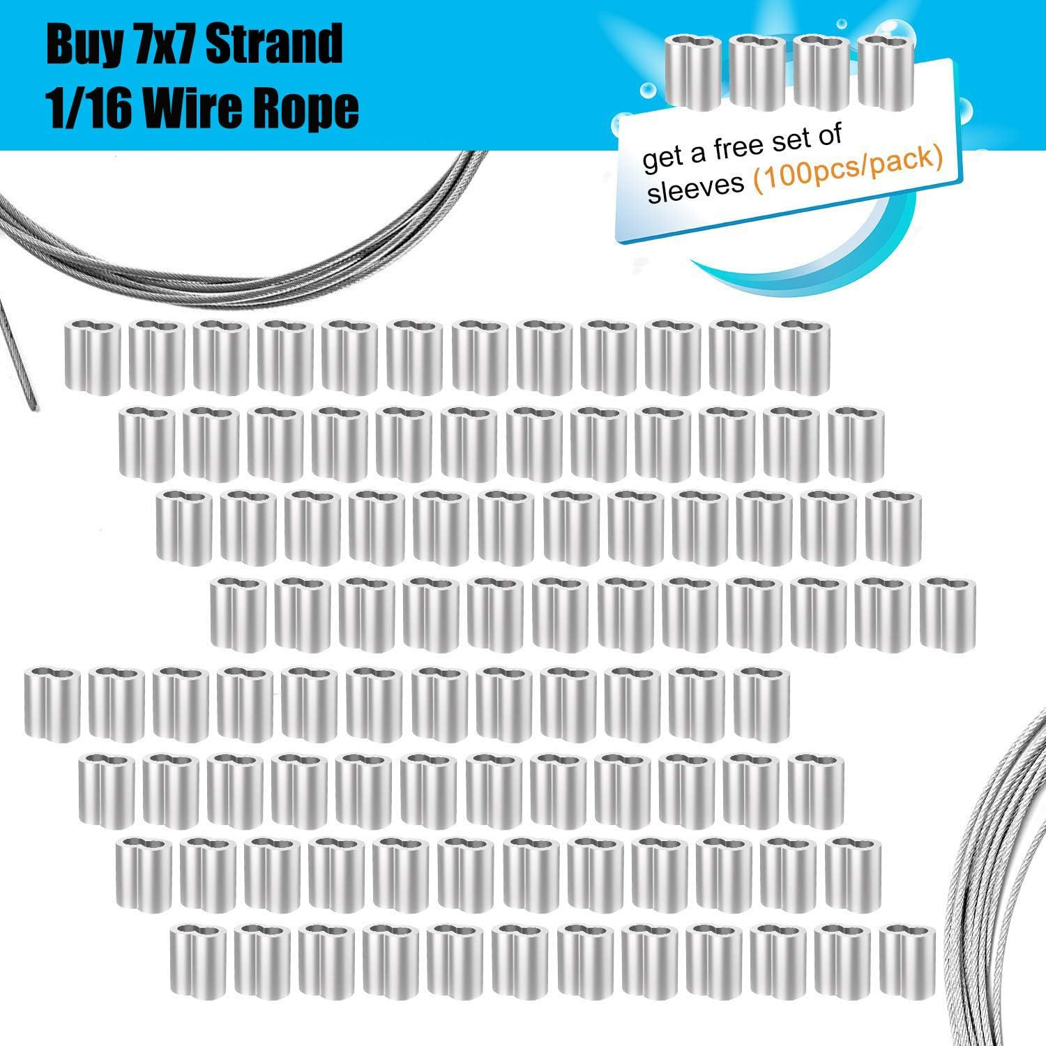 Oranlife 30 M Stainless Steel 304 1/16 Core Core Wire Rope 167 Kg Breaking Strength with 100 Pieces Aluminium Crimp Sleeves image number 5