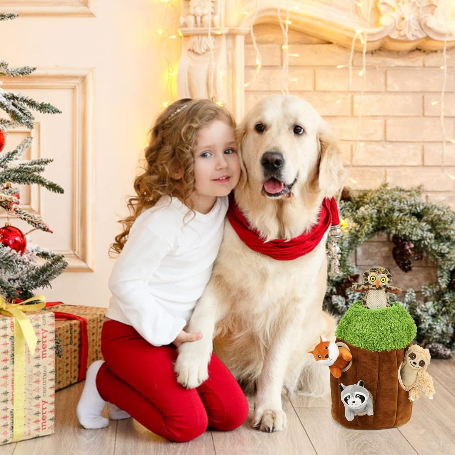 Okegztoa Hide and Seek Dog Puzzle Puppy Toys, Interactive Squeaky Plush, Stuffed Toys for Dogs, Small Size(Sheep, Panda, Forest Animals) (Tree Hole Mix Medium) image number 4