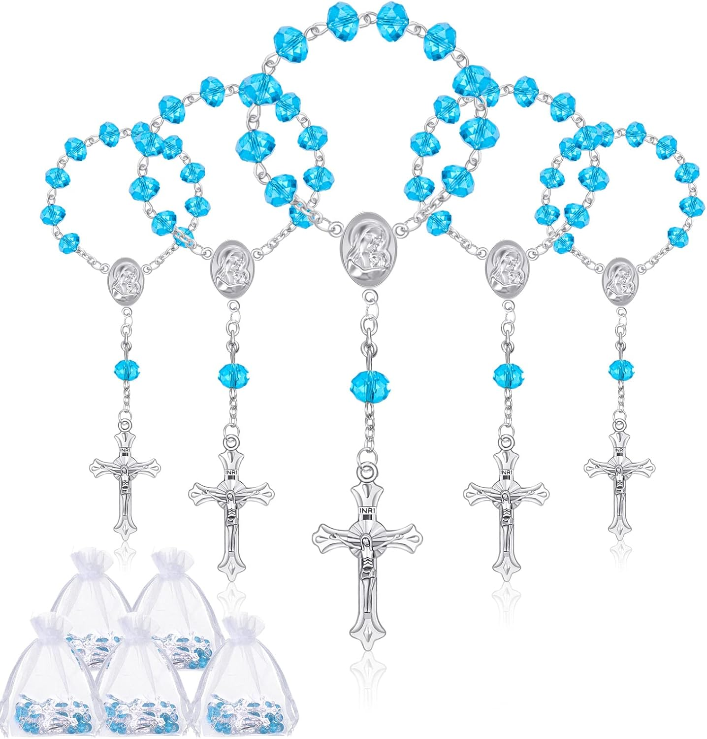 Yinkin 30 Pieces Baptism Rosary Catholic Mini Rosaries Baptism Favors for Guests Party Favors Rosary Beads 30 Pcs Organza Bags for Christening Weddings First Communion Gift, 4.5 Inches, 2.8 X 3.5