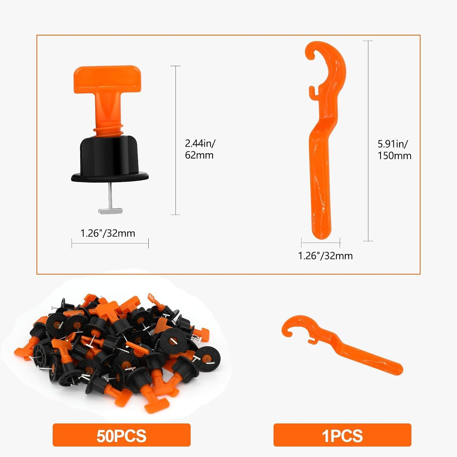 50Pcs Tile Leveler Spacers, Reusable Tile Leveling System Kit with Special Wrench, Tile Installation Tool Kit for Building Walls Floors