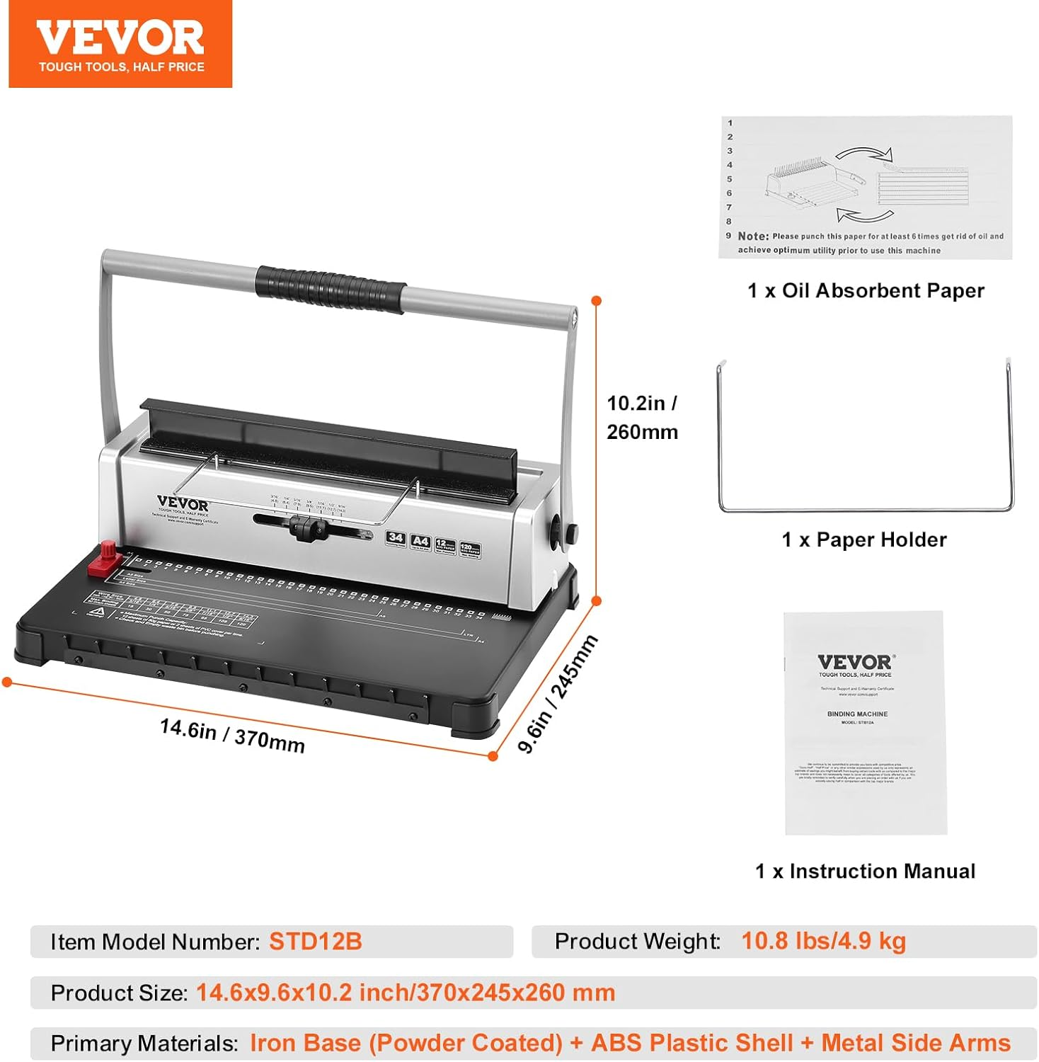 VEVOR Coil Spiral Binding Machine, Manual Book Maker 34-Holes Binding 120 Sheets, Punch Binder with Adjustable 3/16" - 9/16" Coil Binding Spines and Side Margin, for Letter Size, A4, A5 image number 2