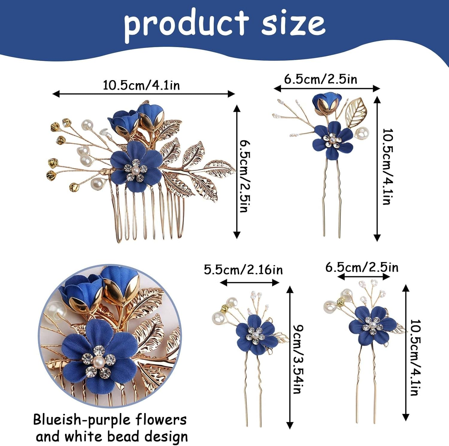 LUMOOM Set of 4 Bridal Hair Accessories, Elegant Flower Hair Comb and Hair Pins Set, Bridal and Bridesmaids Hair Clip Wedding, for Communion, Prom and Party (Royal Blue) image number 6