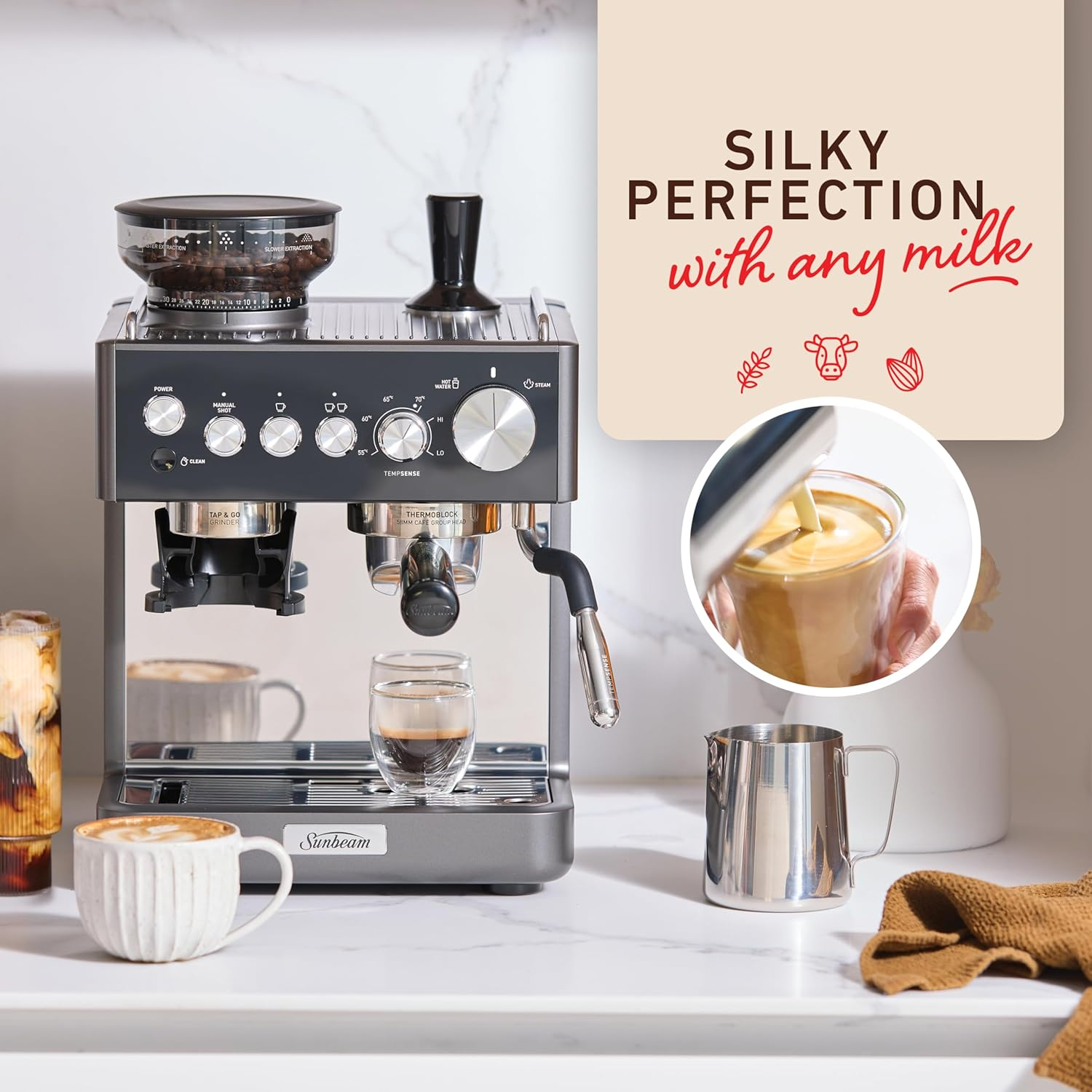 Sunbeam Origins Sense Espresso Machine | 4 Steam Settings with Tempsense Steam Auto Shut Off, Coffee Machine Anti-Static Technology for Less Mess Grinding, One-Button Cleaning, Graphite EMM6500GR image number 2