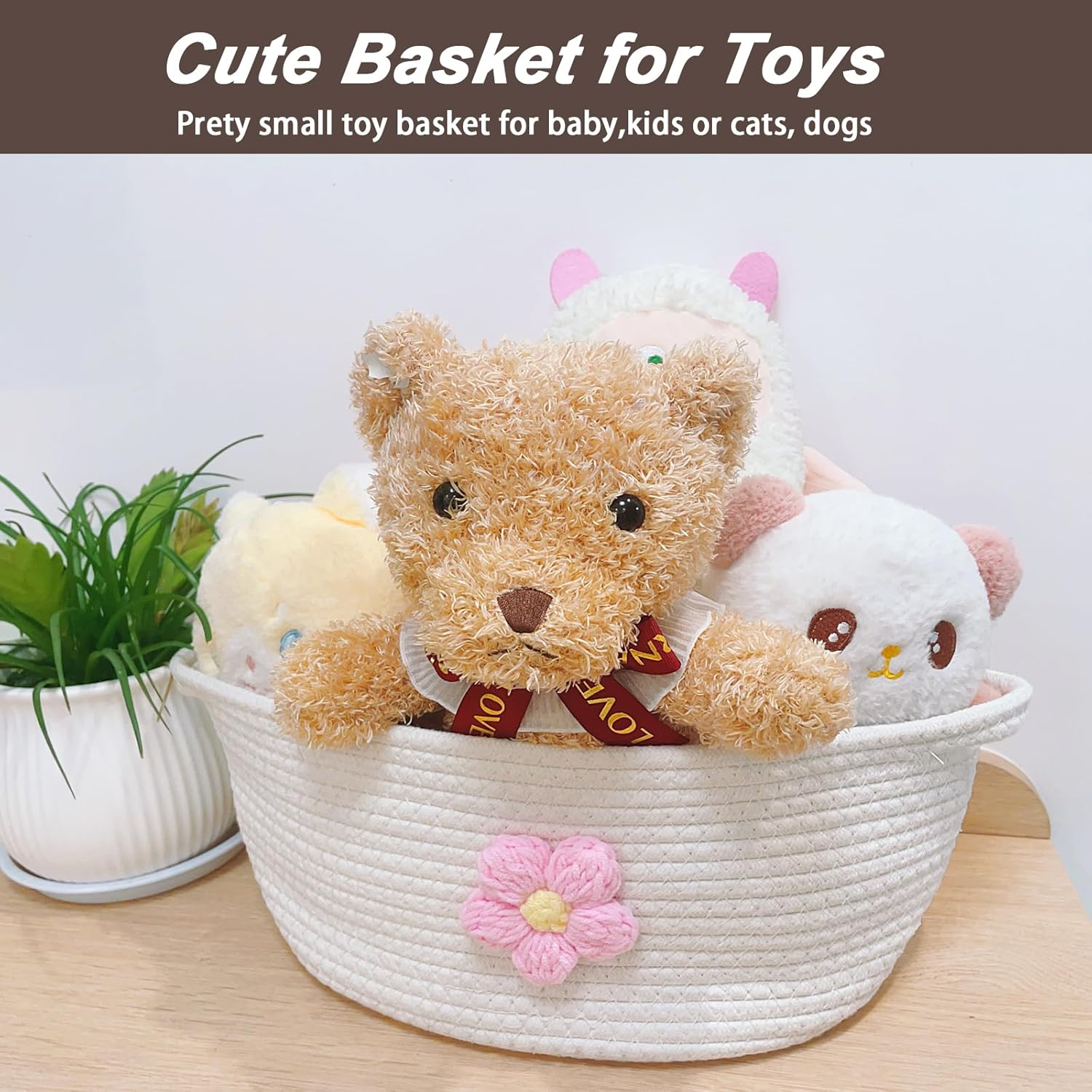 Esme L&H Small Woven Basket for Gifts Empty with Bag and Ribbon, Cute Yarn Flower Design Empty Baskets for Gift, Small Cotton Rope Organizer Bin for Various Storage Usage, 12"X9"X6" image number 2