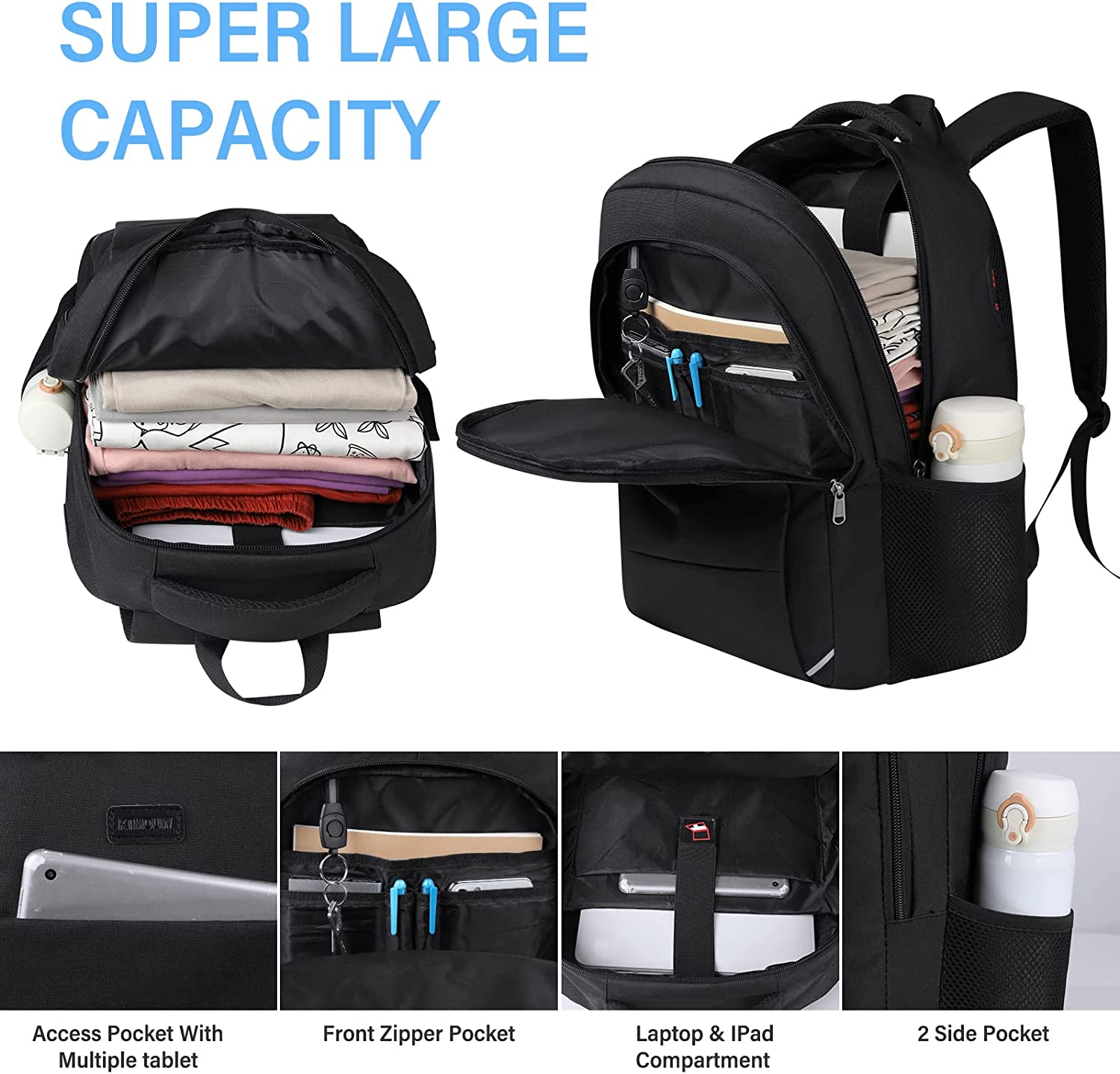 15.6Inch Laptop Backpack, Travel Backpack with USB Charging Port and Headphone Hole for Men and Women, Business Laptop Carry on Luggage Backpack for Business College, Black