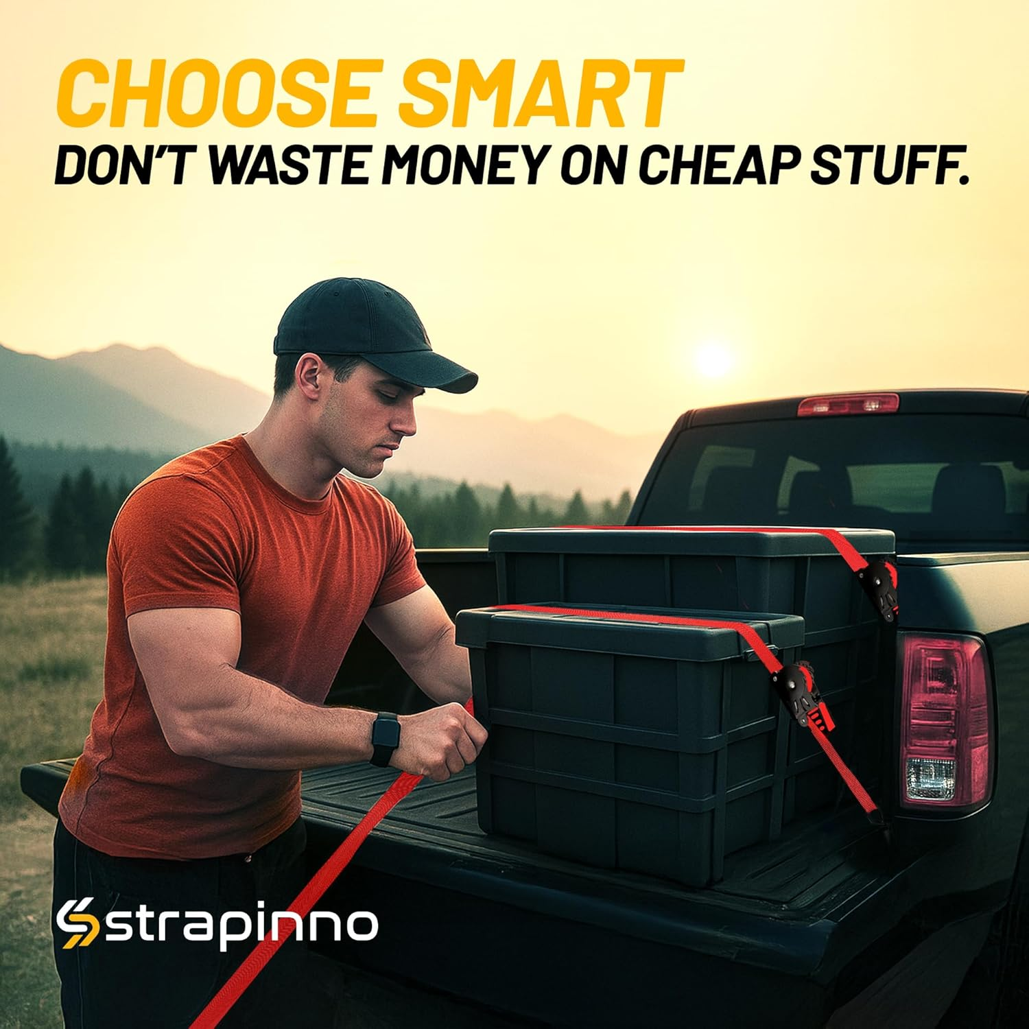 Strapinno Retractable Ratchet Straps 1 in X 10 Ft, Secure Tie-Downs with Rubber-Coated Steel Handles, for Motorcycle, Jetski, Kayak, Breaking Strength 1,500LBS/680KG (Red Strap, Black Coated) image number 6