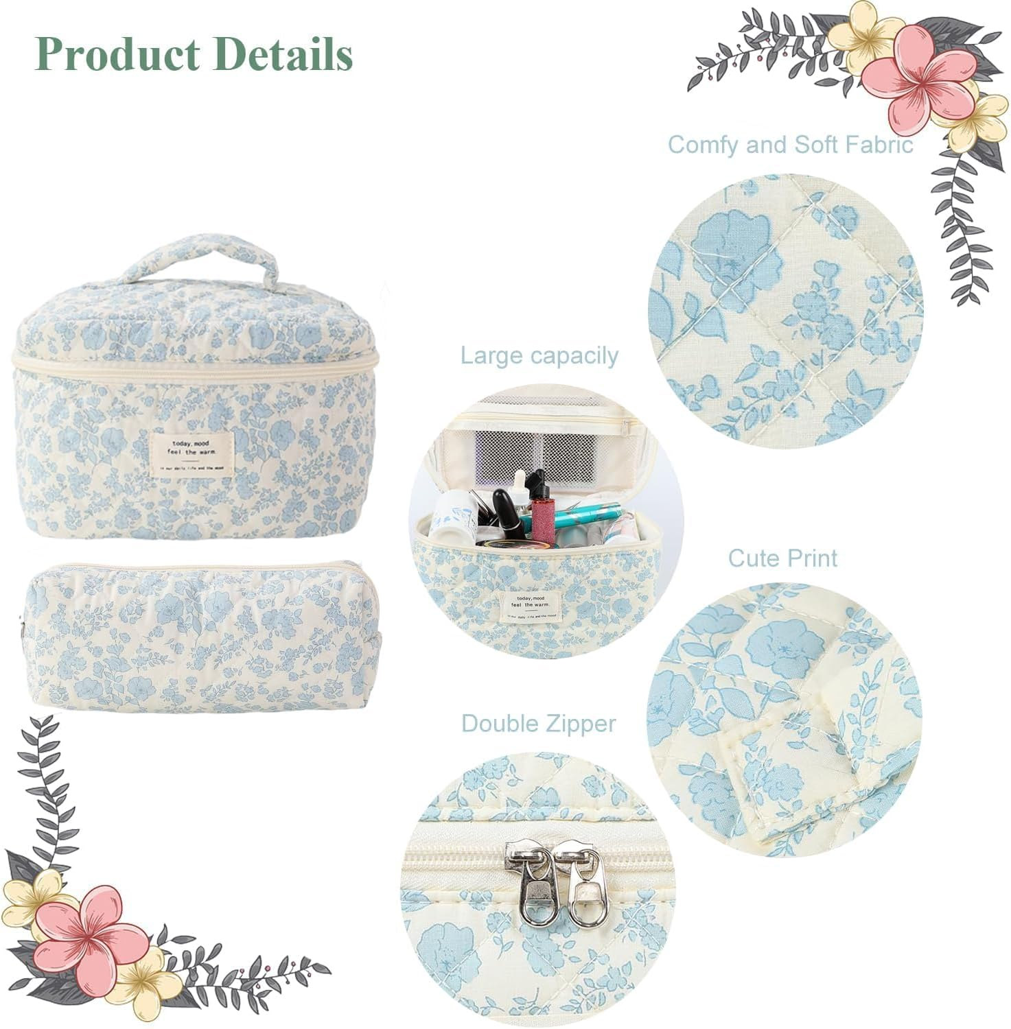 ZANZER 3 PCS Travel Quilted Cotton Makeup Bag Set - Floral Cotton Cosmetic Bag Travel Toiletry Pouch Portable Beauty Cosmetic Storage, Ideal Gifts for Girls Women, Mothers Day Gift (Dark Blue Flower) image number 1