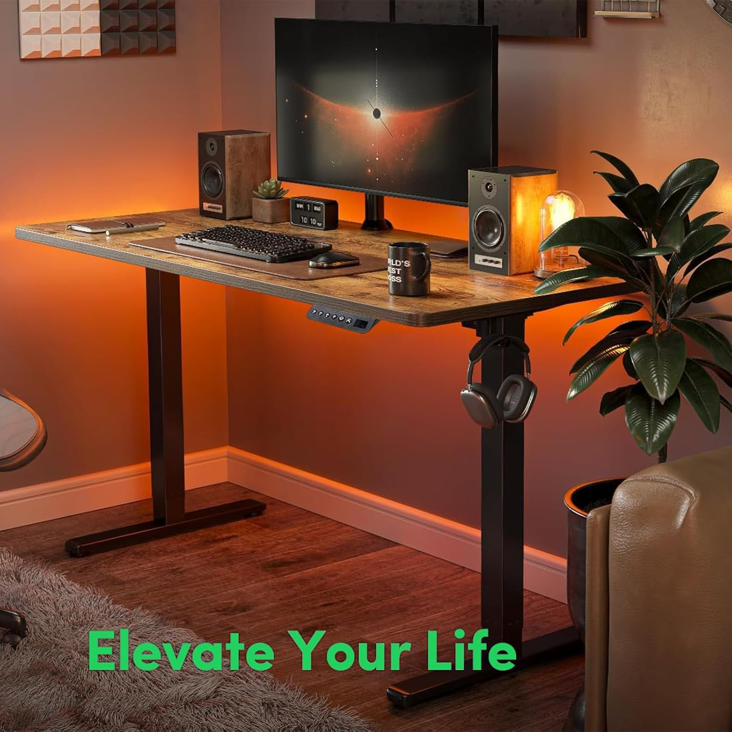 Electric Standing Desk - Motorized Height Adjustable Sit Stand Table with Touch Control Panel, Cable Management, and Headphone Hook - Ideal for Home Office (Black Frame+120Cm Brown Top) - White Frame120Cm Log Top image number 6