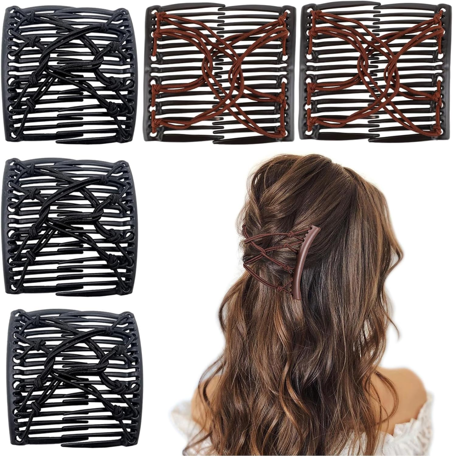 5 Pieces Stretchy Magic Hair Comb Adjustable Elastic Comb Hair Clip for Women Girls No Crease Hair Pins Vintage Hair Bun Maker Hair Accessories for Curly Thick Wavy Hair Ponytail