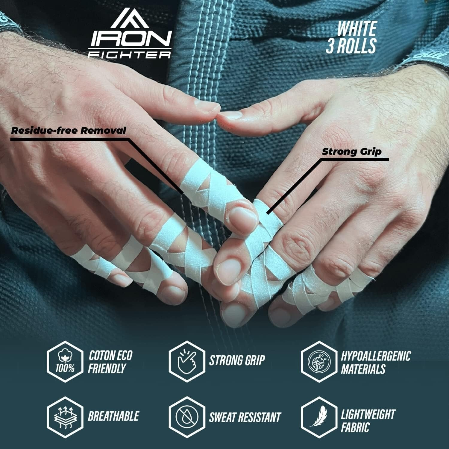 5X Rolls of Athletic Finger Tape Sports 0,8CM/0.3IN X 13,7M/45FT - BJJ Brazilian Jiu Jitsu - Rock Tape for Climbing - Crossfit - Judo - Volleyball - White Sports Tapes Strapping image number 6