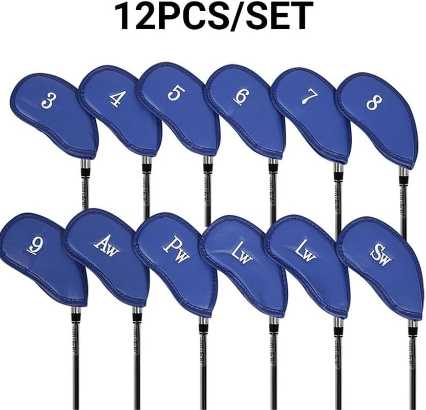 12 PCS Waterproof PU Leather Head Cover Golf Iron Club Putter Headcover 3-SW Set with Number Applique for Easy Recognition Black、Blue, Protective and Durable - Black Plain Pattern image number 1