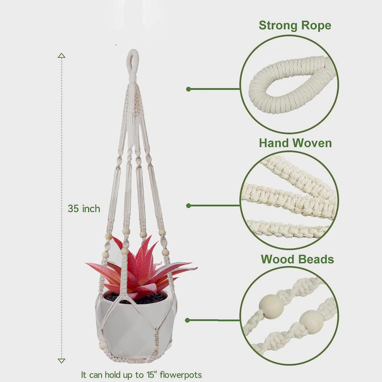 Macrame Plant Hanger Indoor & Outdoor Wall Hanging Planter + 2 Hooks Hanging Planters Basket Cotton Rope 4 Legs 35 Inch Used for Herbs Ferns Ivy Crawling Plants Hanging Planters(Lvory)