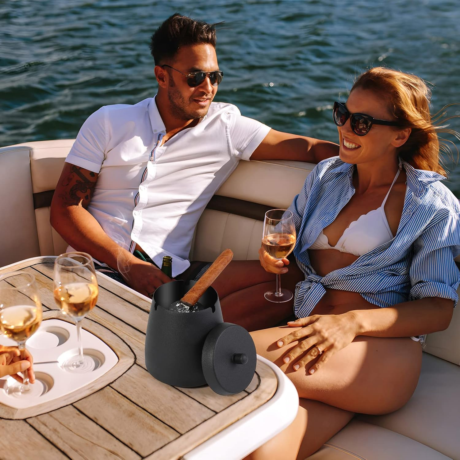 Outdoor Ashtrays for Patio with Lid, Ash Trays with Covers, Ashtray Odorless, Ash Tray Sets for Cigarettes, outside Covered Stainless Steel Iron Windproof Tabletop image number 2