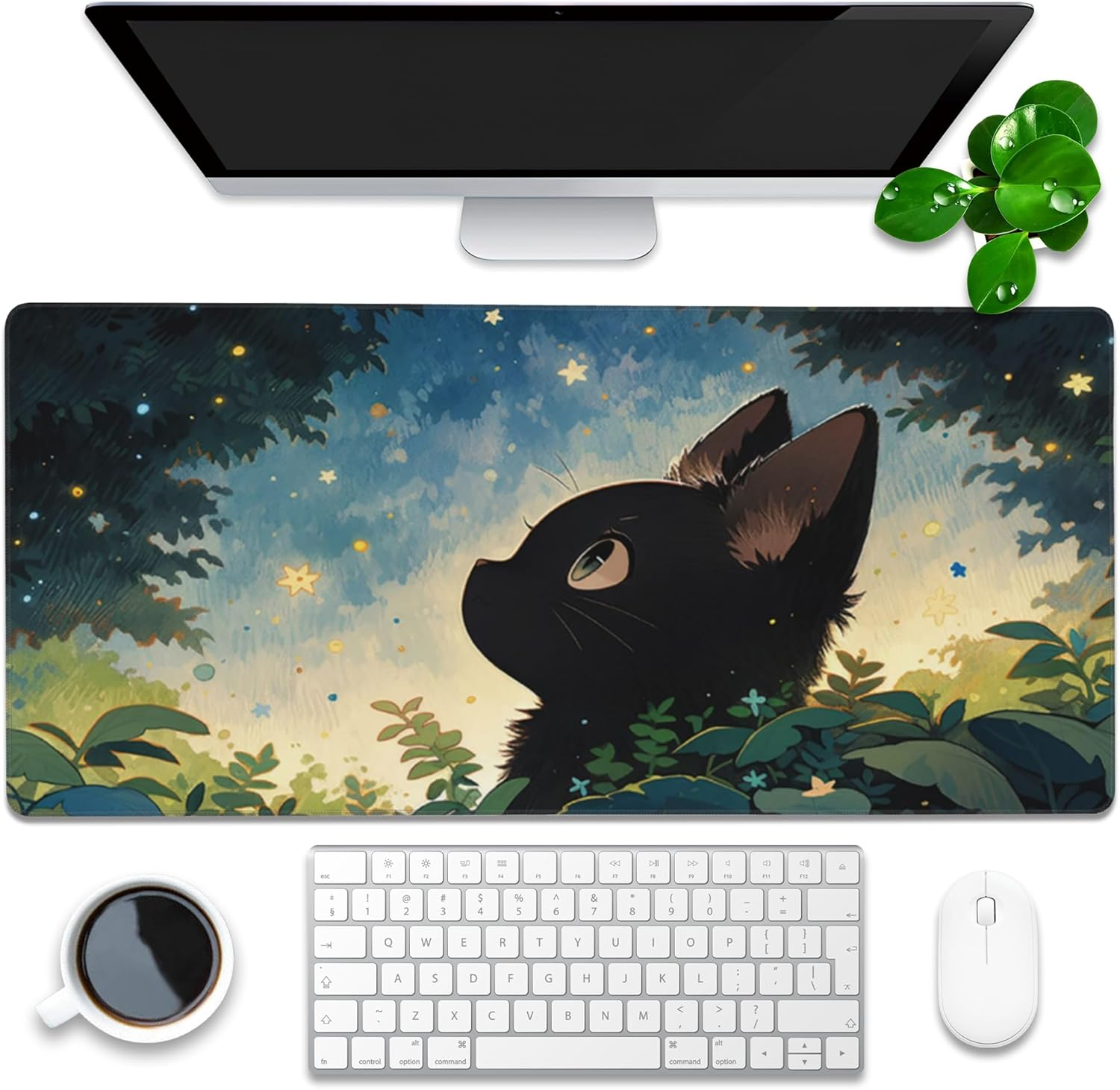 Desk Pad, Anime Cute Black Cat Extended Gaming Mouse Pad Large, 31.5"X11.8" Big Mouse Pad with Non-Slip Base and Stitched Edge, Long Computer Keyboard Mouse Mat for Home Office Work