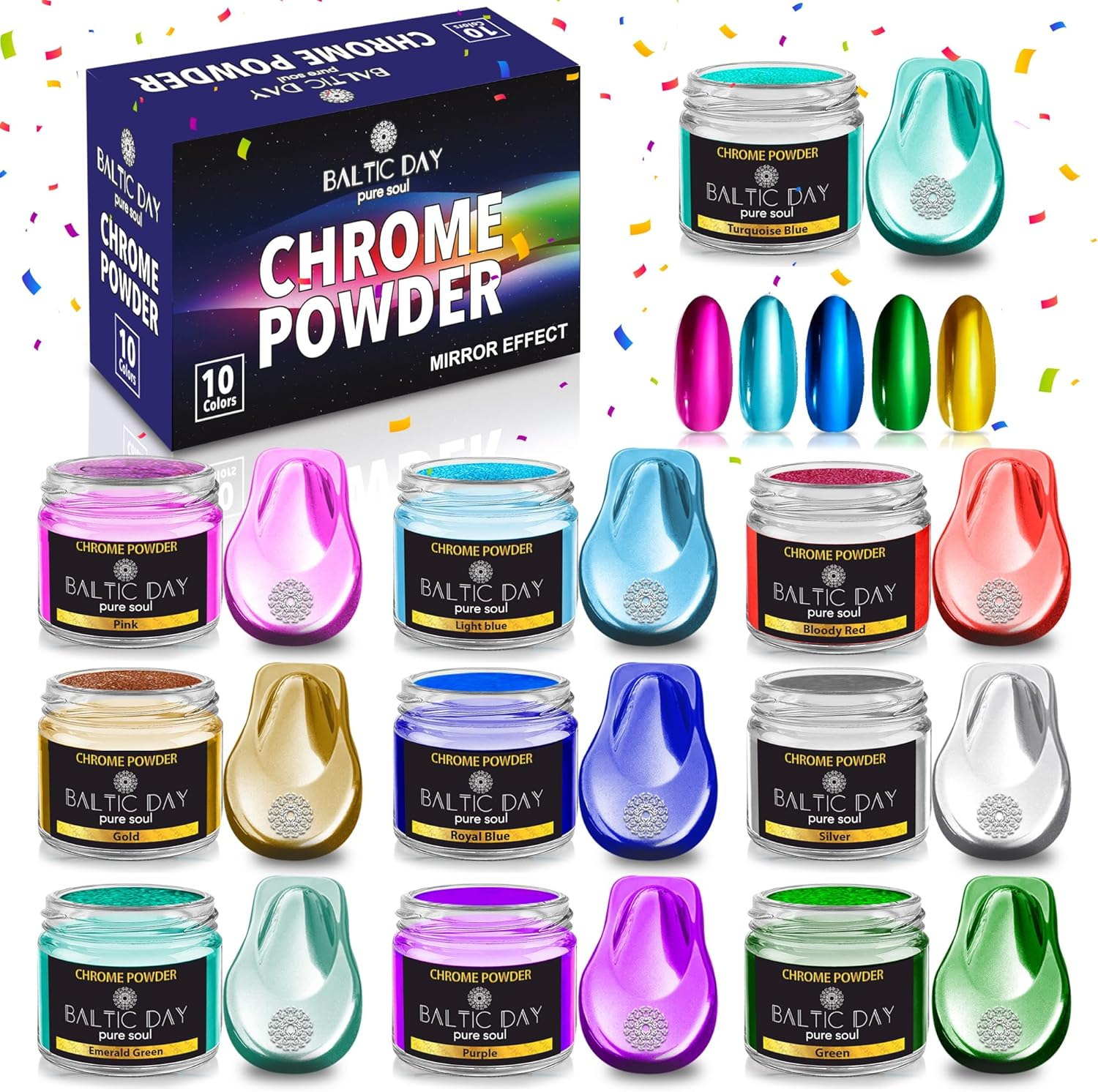 BALTIC DAY Chrome Mica Powder - 10 Colors, Chrome Finish - Metallic Mirror Effect - Nail Powder, Pigment Powder for Resin, Crafting, Painting, Slime